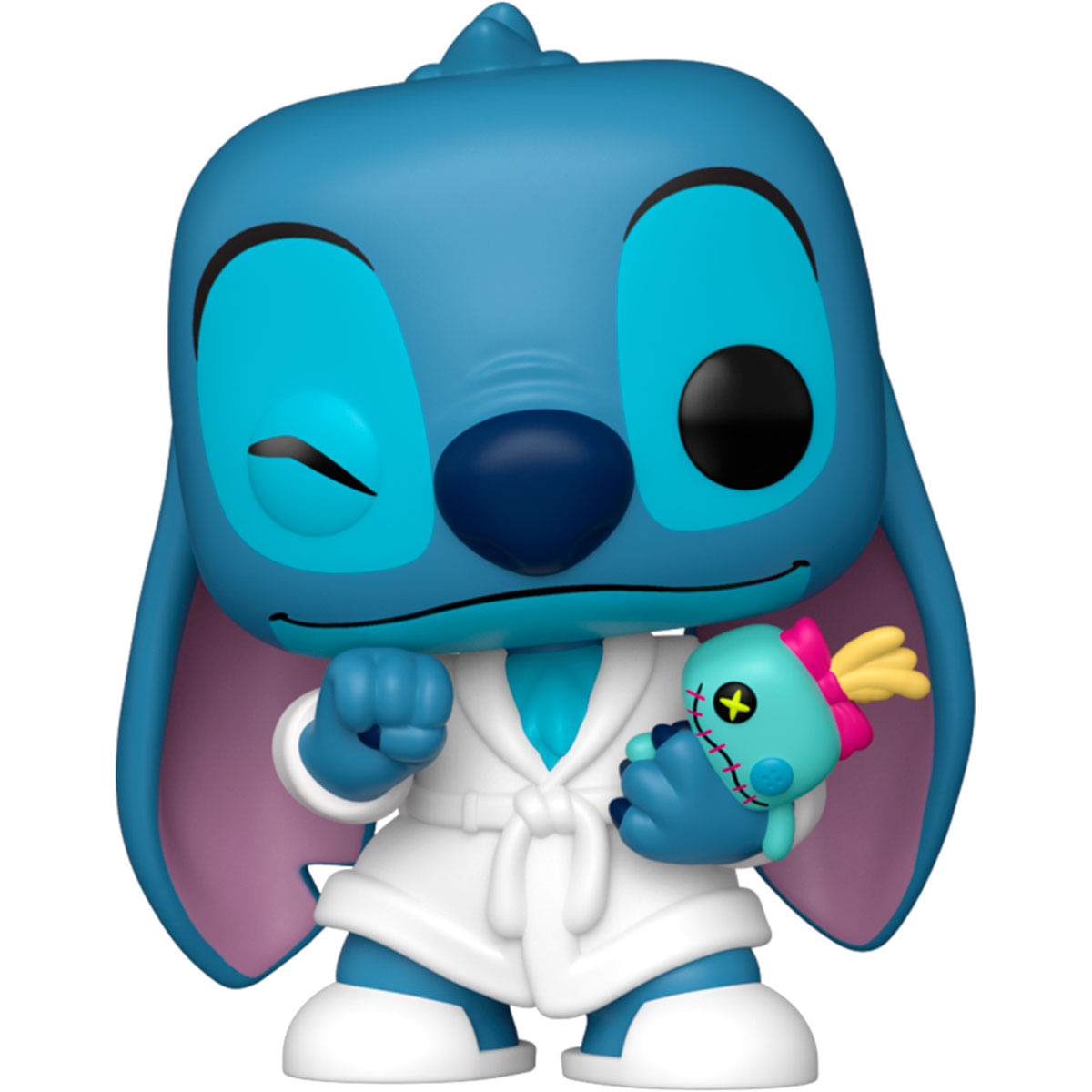 Statuetta blu di Stitch con un accappatoio bianco, tiene in mano una bambola turchese con fiocco rosa e ali gialle. Un occhio chiuso.