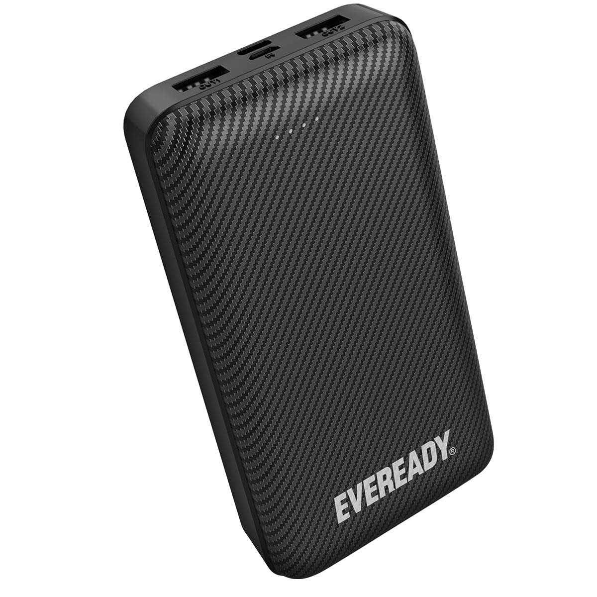 Eine schwarze Eveready Powerbank mit Carbonfaserstruktur. Sie hat Anschlüsse oben und den Markennamen unten.
