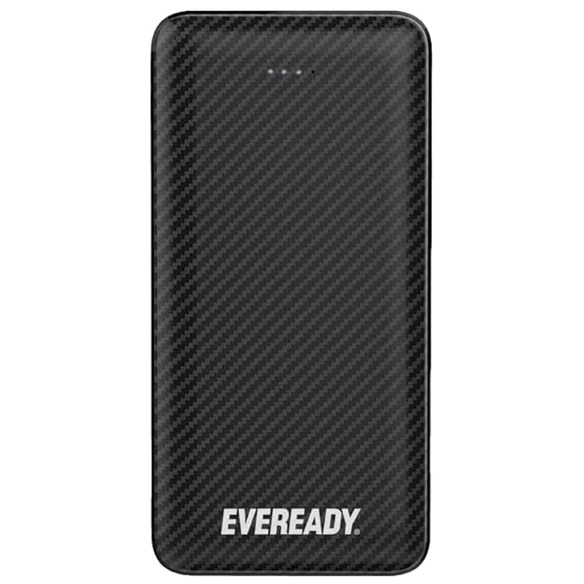 Eine schwarze Eveready Powerbank mit Carbonfaserstruktur. Oben befinden sich drei kleine Punkte. Das Eveready-Logo befindet sich unten.