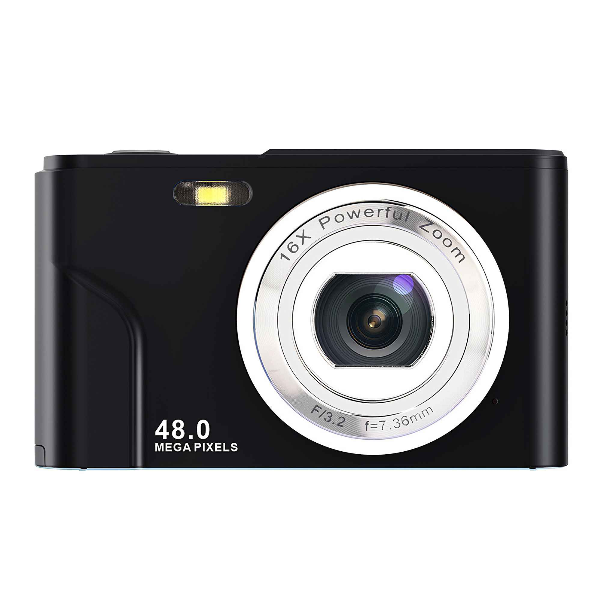 Eine schwarze Digitalkamera. Sie hat ein Objektiv mit 16-fachem Zoom und 48,0 Megapixeln.