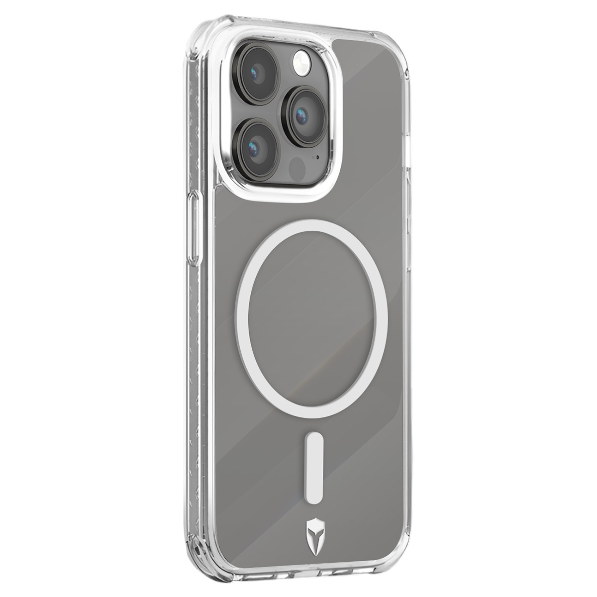 Custodia trasparente per telefono con retro grigio, cerchio magnetico bianco e segno meno. Ha tre obiettivi.