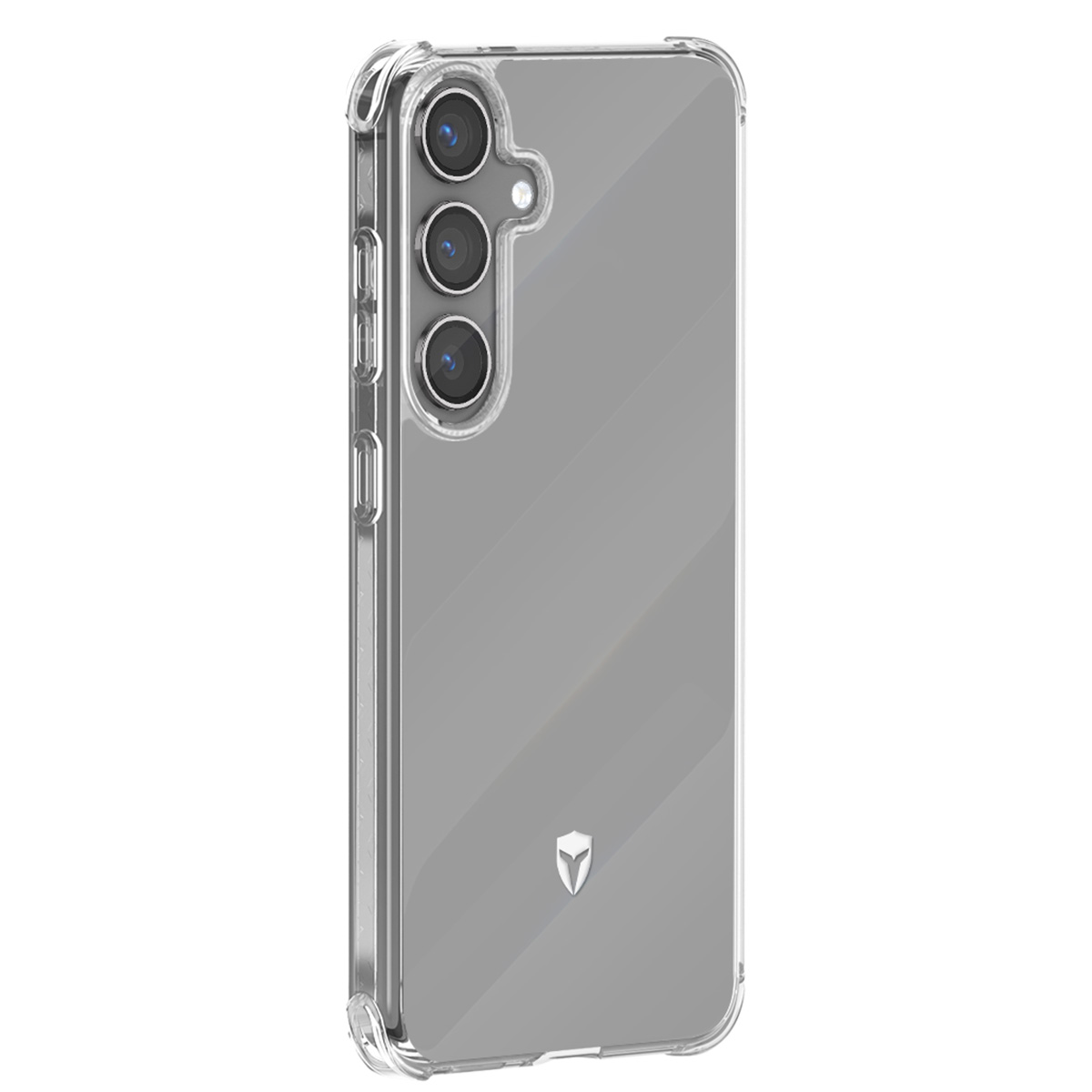Una custodia trasparente per telefono con tre obiettivi. La custodia ha un logo e pulsanti laterali.