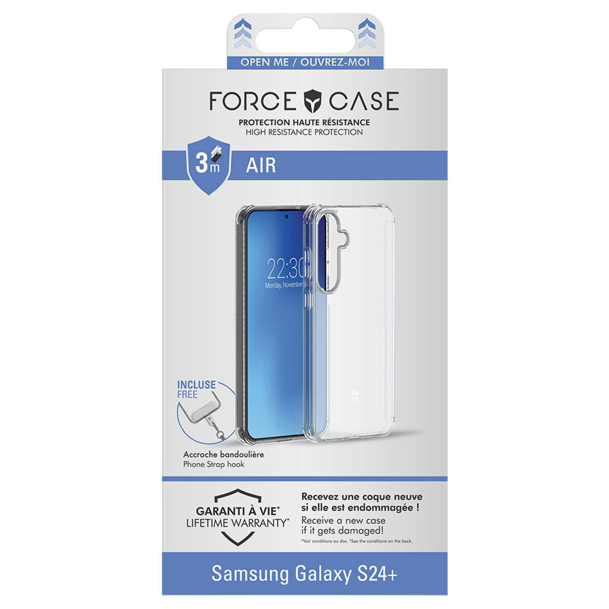 Una confezione di custodia per telefono con un telefono all'interno. Il testo include 'FORCE CASE', 'Samsung Galaxy S24+' e 'LIFETIME WARRANTY'.