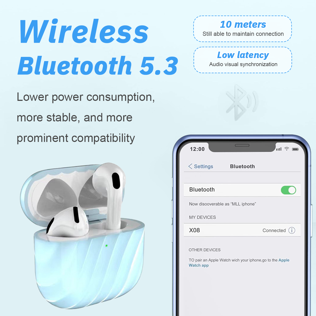 Das Bild zeigt Wireless Bluetooth 5.3 mit Ohrhörern und einem Telefonbildschirm mit Bluetooth-Einstellungen.
