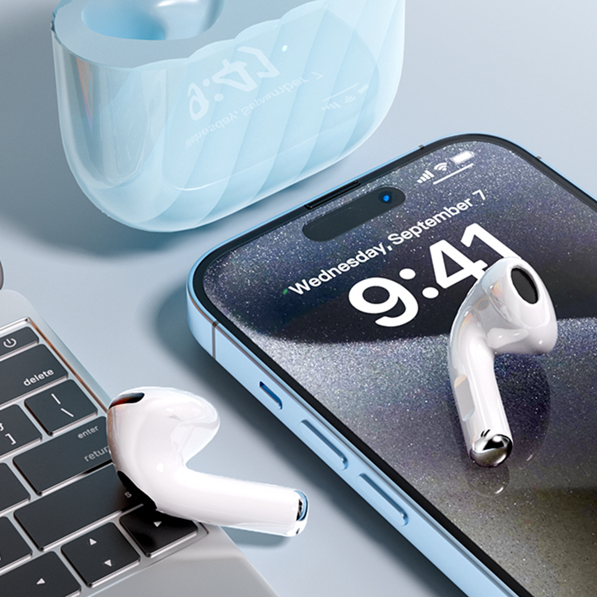 Weiße Ohrhörer, Telefon mit 9:41 und eine Laptop-Tastatur. Im Hintergrund ein blaues Ladecase.
