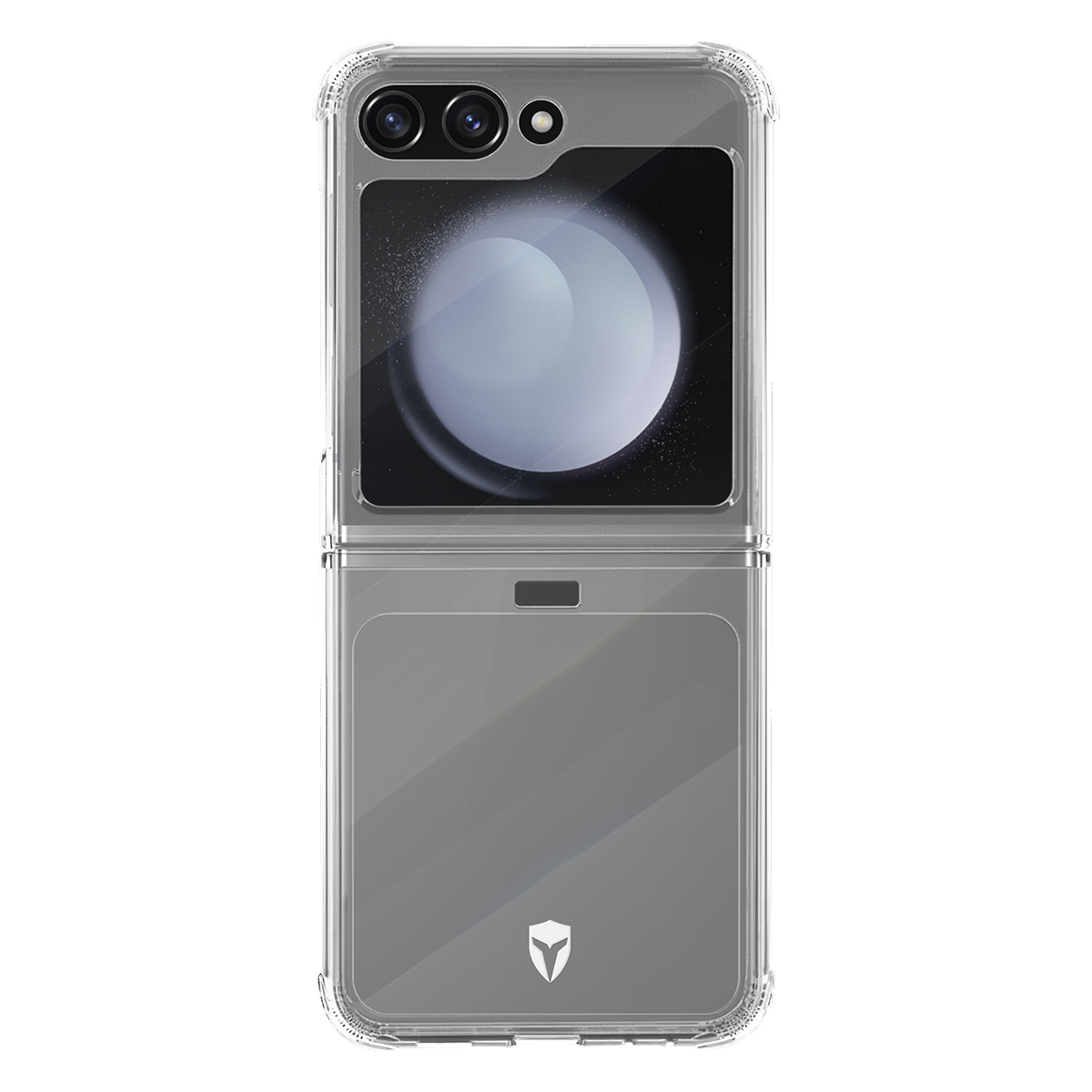Una custodia trasparente per telefono con un telefono pieghevole all'interno. Il telefono è grigio con lenti della fotocamera nere. La custodia ha un logo a scudo.