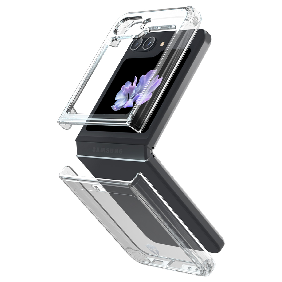 Un telefono Samsung Z Flip con una custodia protettiva trasparente è mostrato. Il telefono è nero, con un fiore viola sullo schermo.