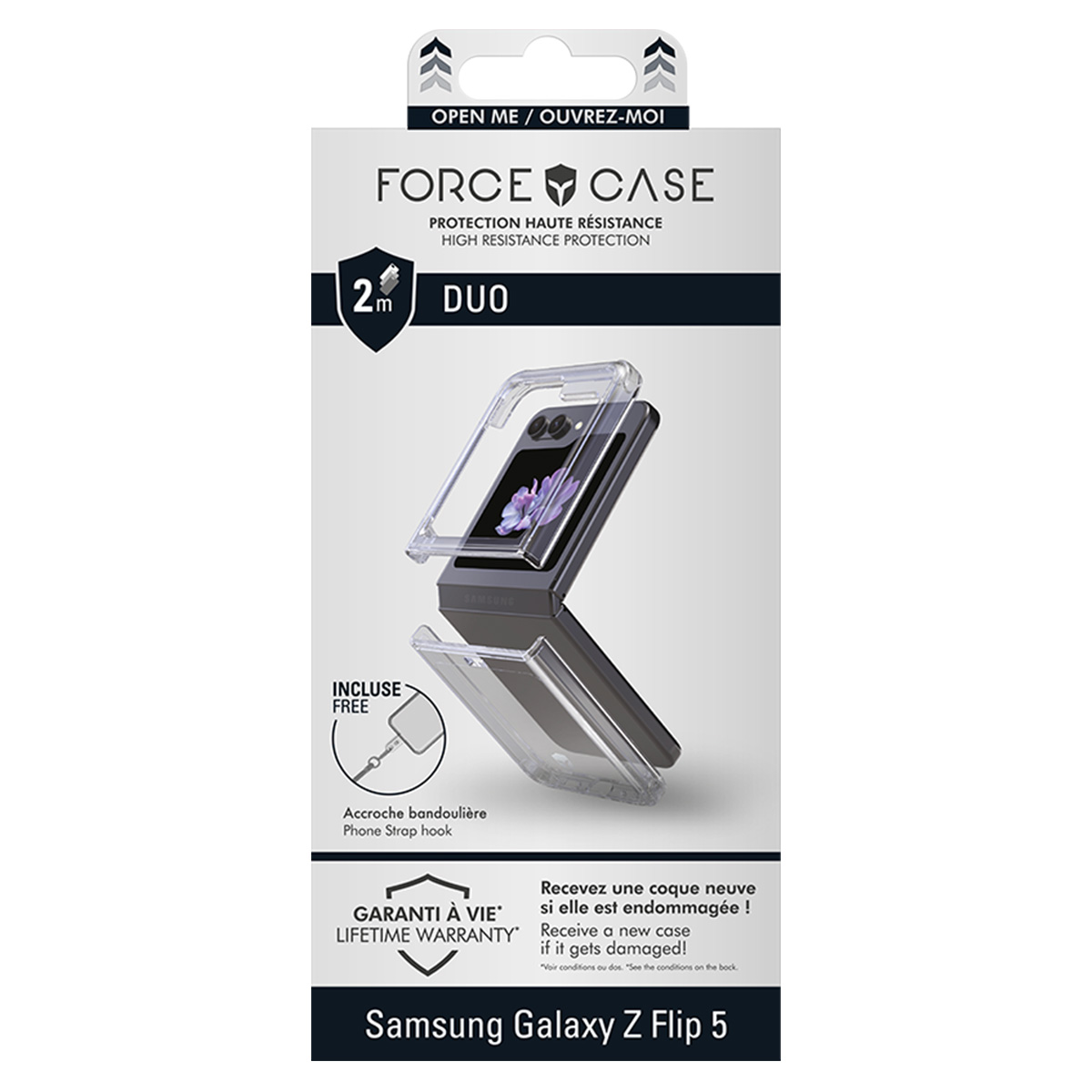 Una confezione di custodia per telefono. Mostra una custodia trasparente che protegge un Samsung Galaxy Z Flip 5 nero. Il testo include 'FORCE CASE' e informazioni sulla garanzia.