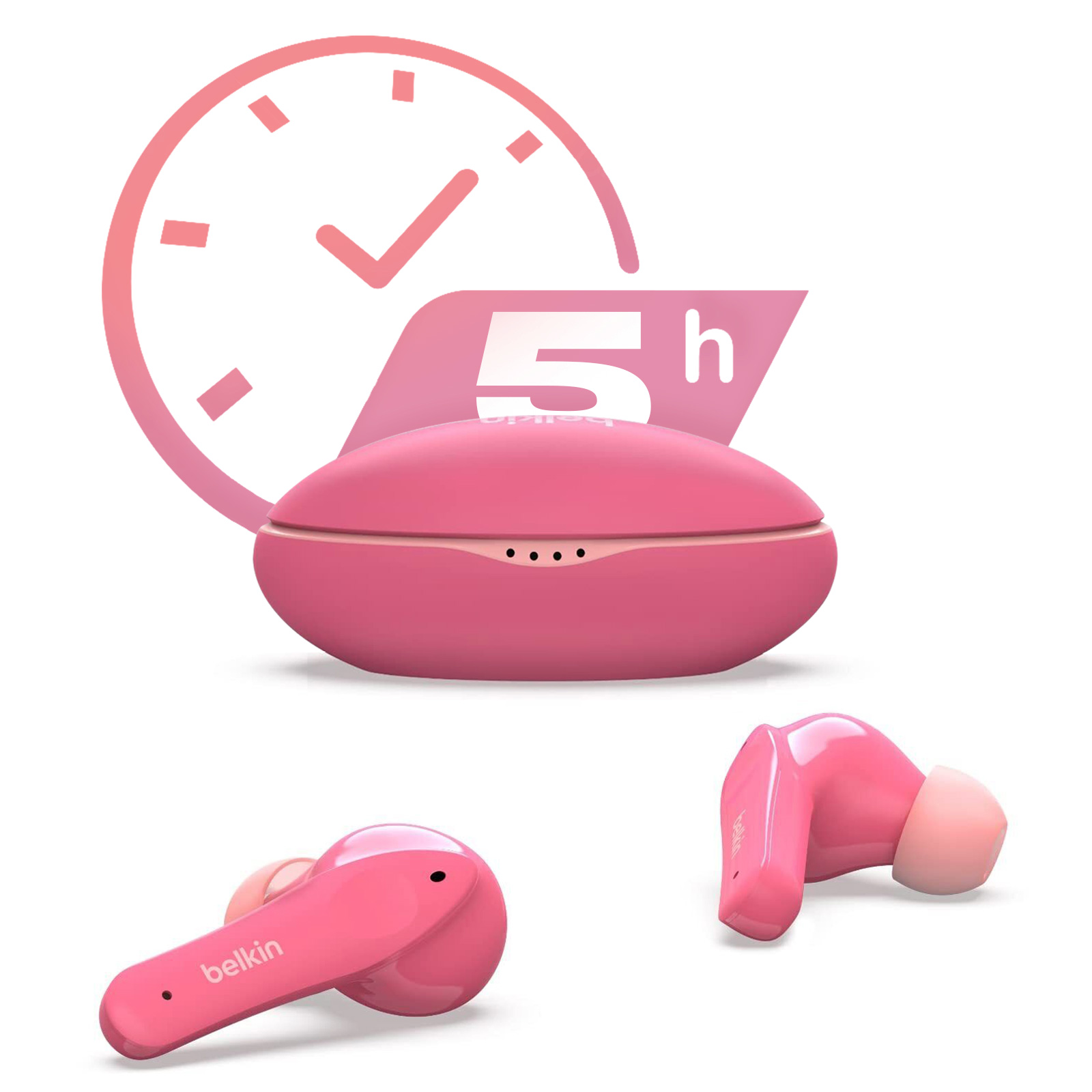 Auricolari Belkin rosa con custodia di ricarica. Grafico dell'orologio mostra 5 ore. Sfondo bianco.