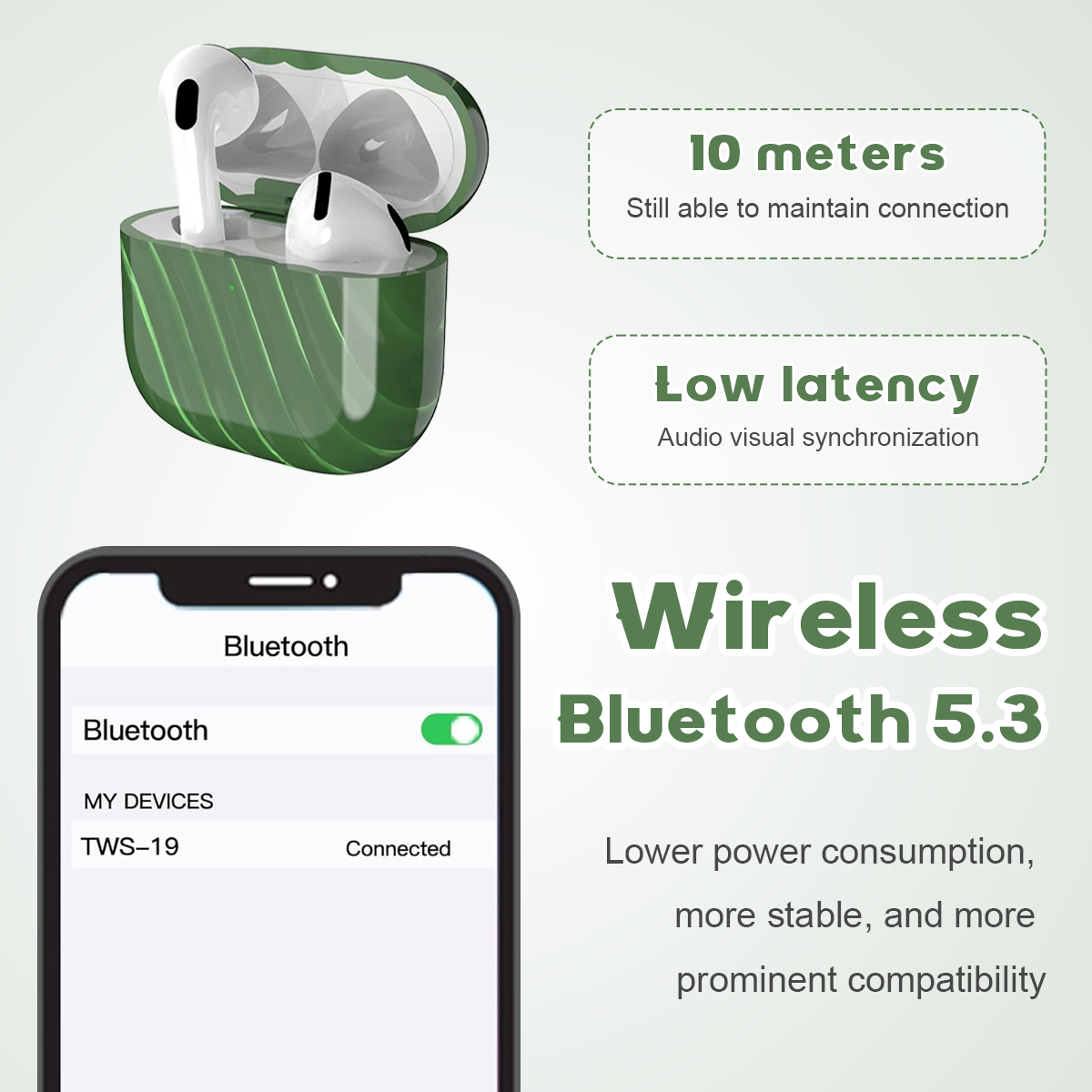 Das Bild zeigt kabellose Ohrhörer in einem grünen Etui, ein Telefon mit aktiviertem Bluetooth und Text zur Beschreibung der Funktionen.