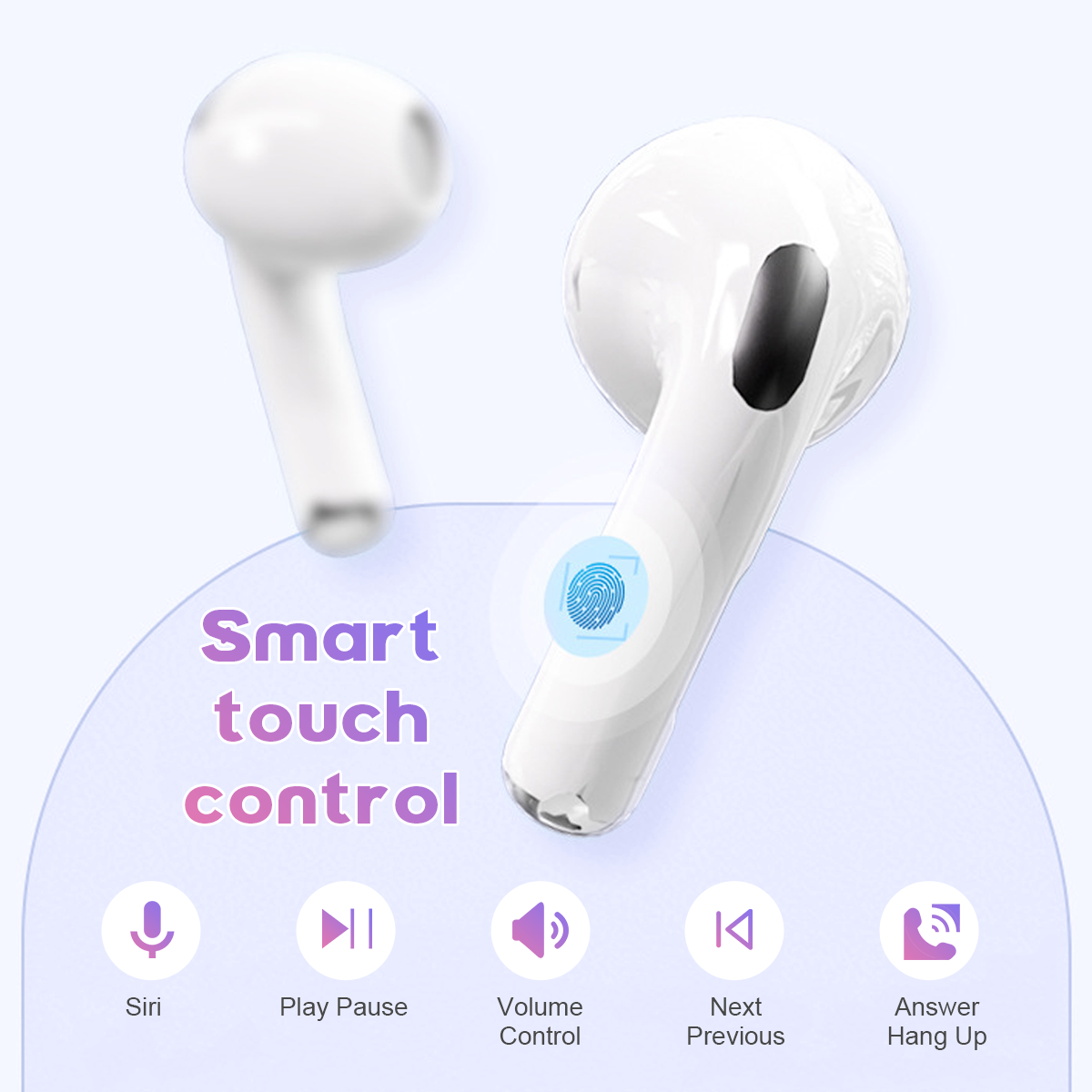 Weiße kabellose Ohrhörer mit Smart-Touch-Steuerung: Siri, Abspielen/Pause, Lautstärkeregelung, Vor/Zurück, Annehmen/Auflegen.