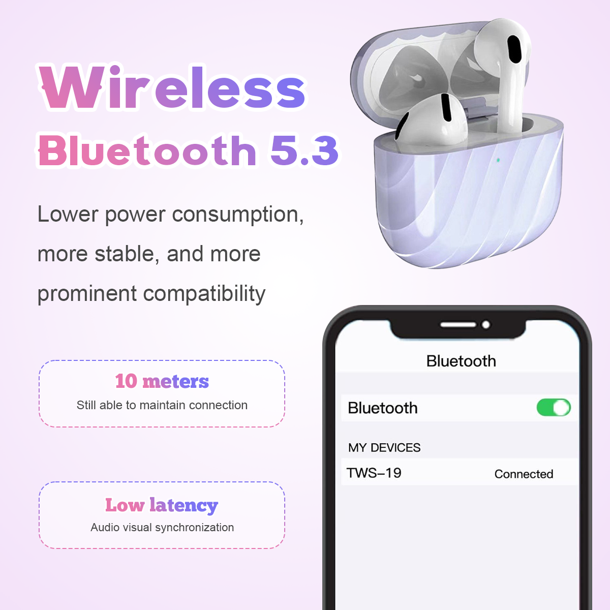 Das Bild zeigt kabellose Ohrhörer, einen Telefonbildschirm mit Bluetooth-Verbindung und Text, der Funktionen hervorhebt.