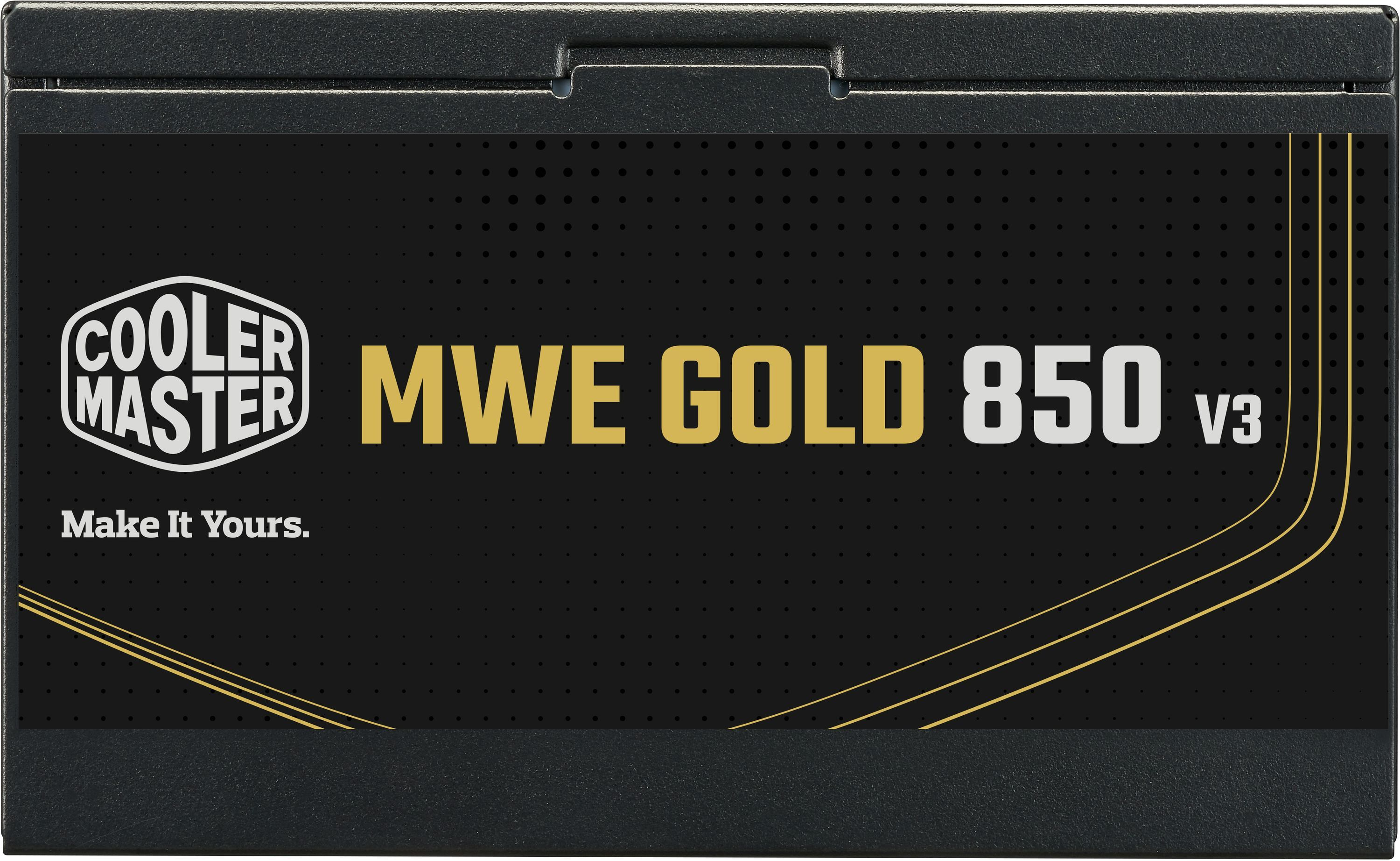 A black power supply. It has the Cooler Master logo, MWE GOLD 850 V3 text, and gold lines on a black background.