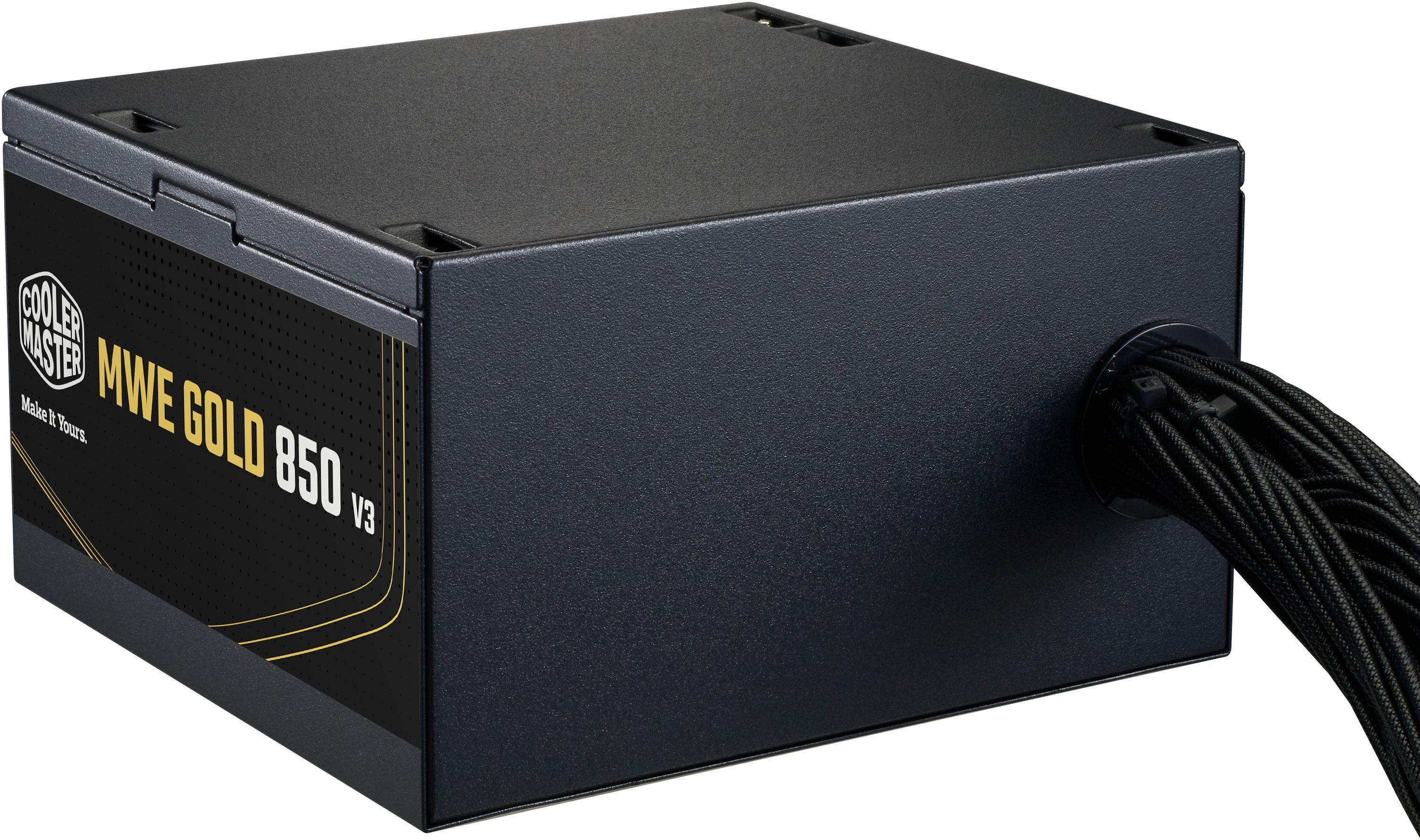 Black Cooler Master MWE Gold 850 V3 power supply. Cables exit the right side. The front features the product name in gold.