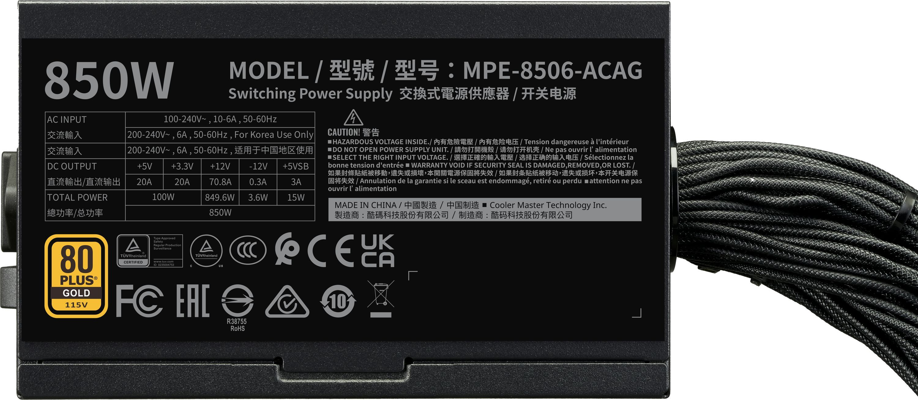 A power supply unit with text labels, logos, and cables. Features the 80 Plus Gold certification.