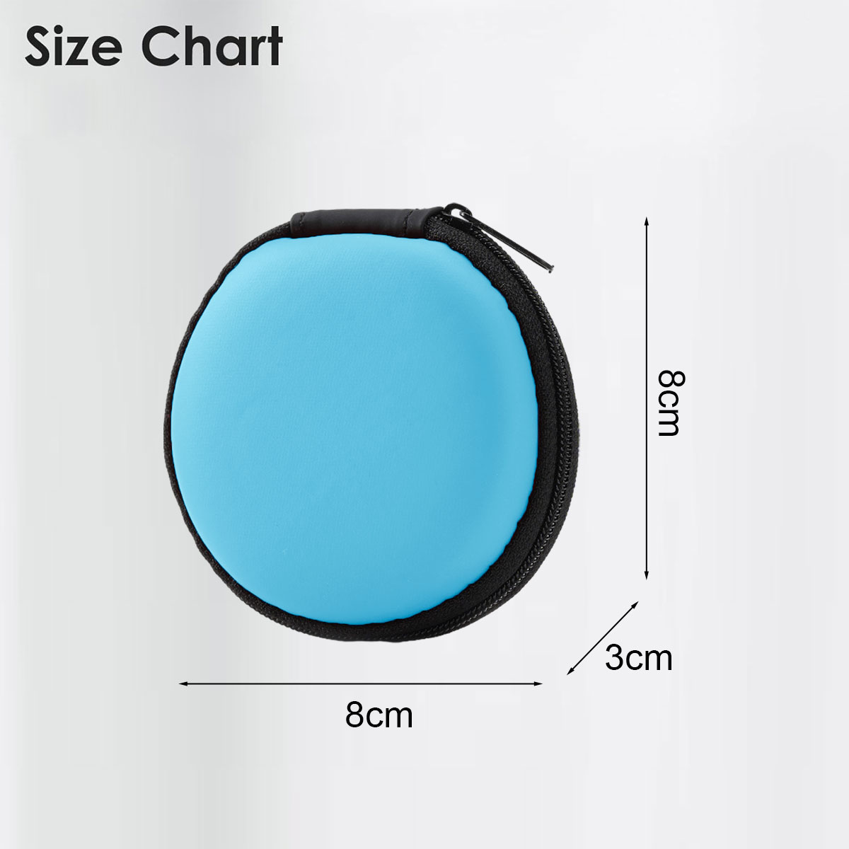 Ein blaues rundes Etui mit schwarzem Reißverschluss wird angezeigt. Die Abmessungen betragen 8x8x3cm. Oben steht 'Size Chart'.