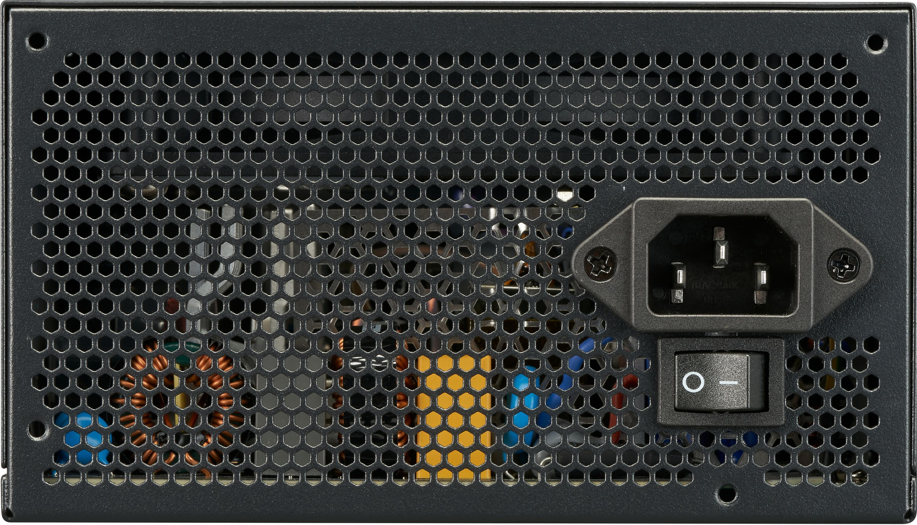 A close-up of a black computer power supply unit. It has a honeycomb grill pattern, power switch, and power connector.