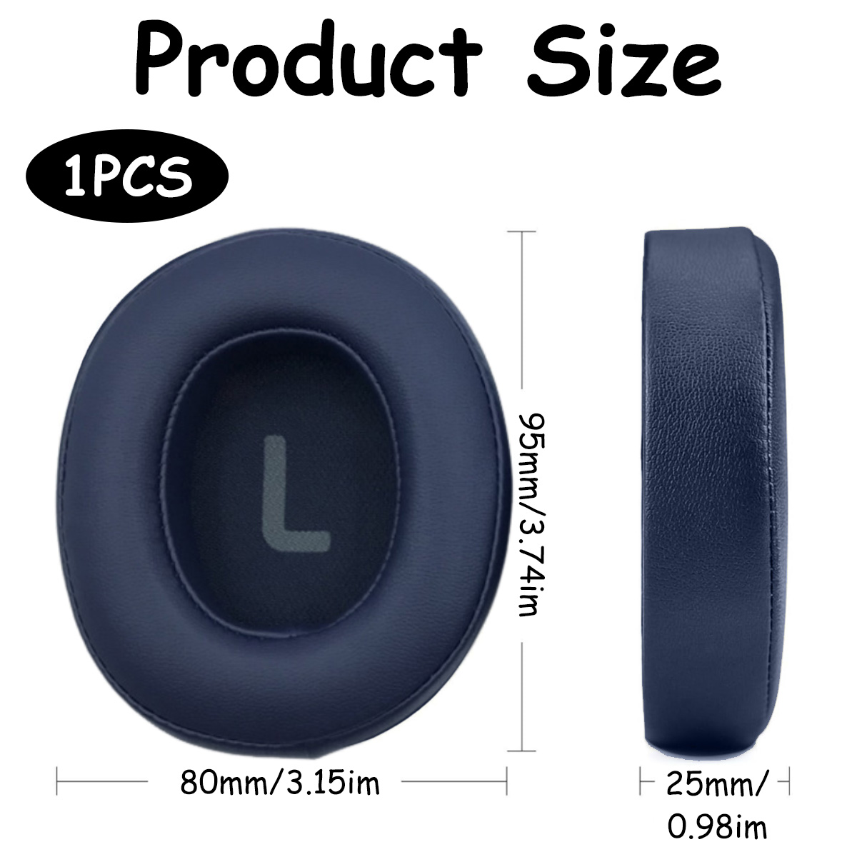 Ein dunkelblaues Kopfhörerkissen mit Größenangaben: 80 mm, 95 mm und 25 mm. Text lautet 'Produktgröße' und '1 STÜCK'.