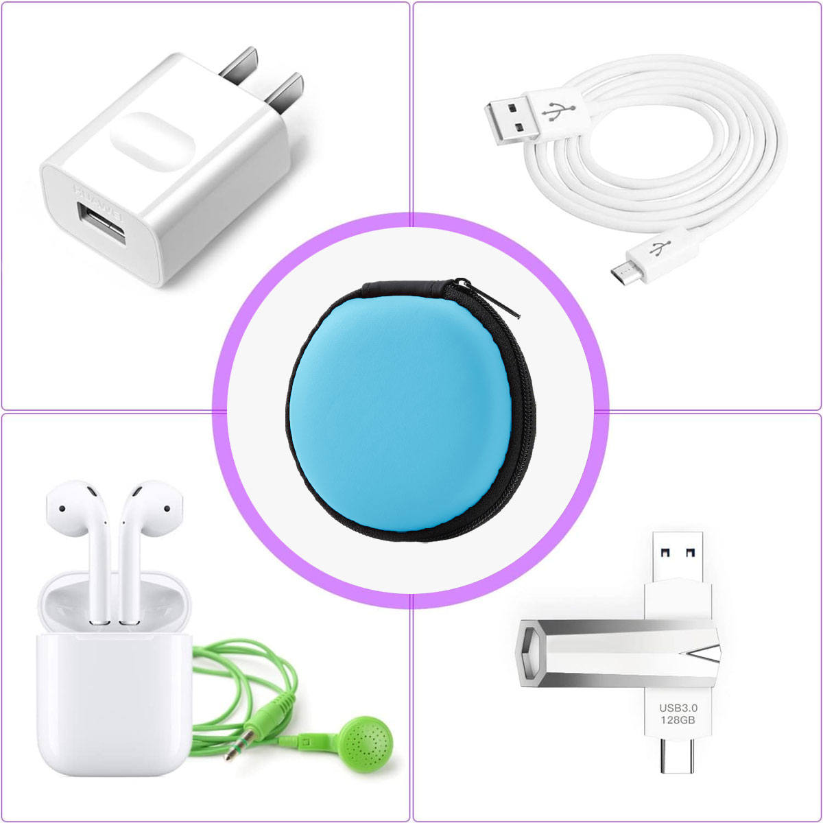 Das Bild zeigt technisches Zubehör: Ladegerät, USB-Kabel, Ohrhörer, Hülle und USB-Stick. Die Artikel sind weiß, blau und grün, angeordnet auf weißem Hintergrund.