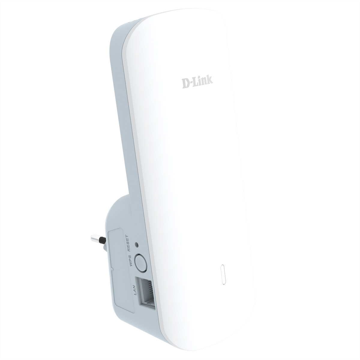 Ein weißer D-Link WLAN-Repeater. Er hat einen Netzstecker, einen LAN-Anschluss, eine WPS-Reset-Taste und ein Logo.