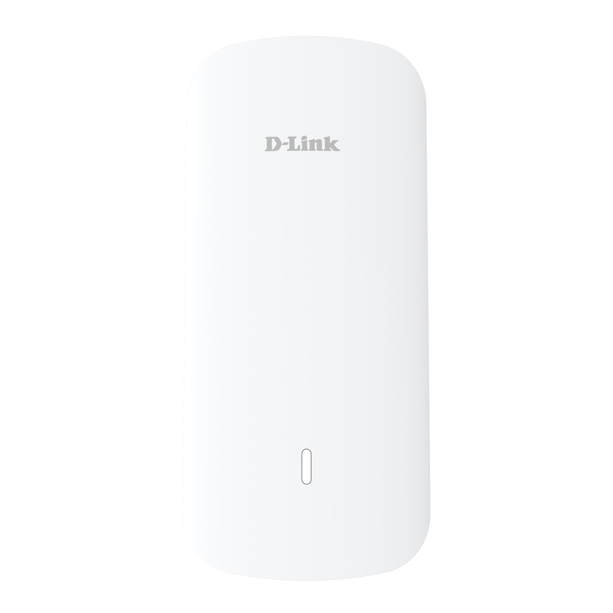 Ein weißes D-Link-Gerät. Es hat eine abgerundete rechteckige Form. Der Markenname ist grau gedruckt. Unten befindet sich eine kleine Kontrollleuchte.