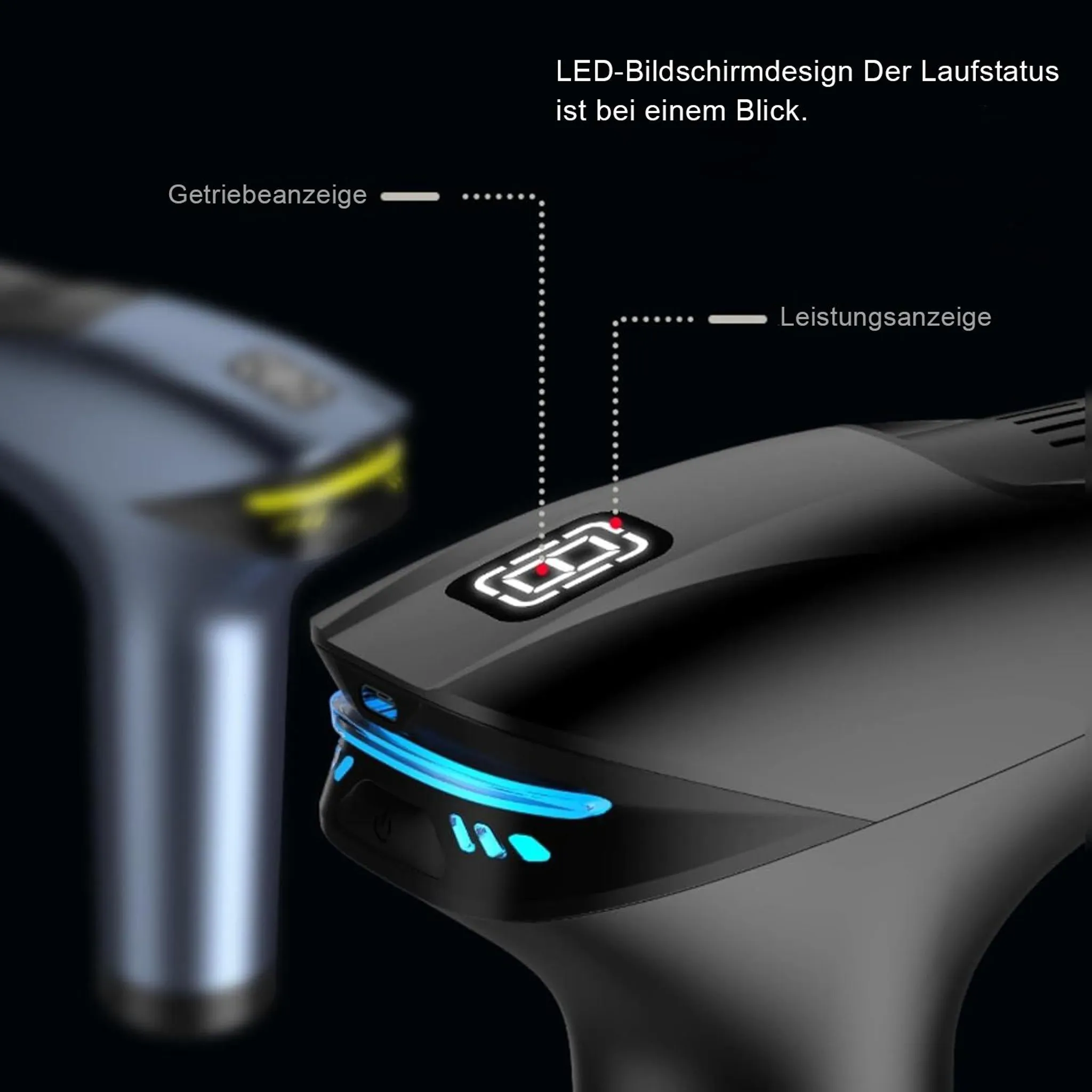 Nahaufnahme eines schwarzen Geräts mit blauen und weißen Lichtern. Verfügt über LED-Anzeige und Statusanzeigen. Ein weiteres unscharfes Gerät im Hintergrund.