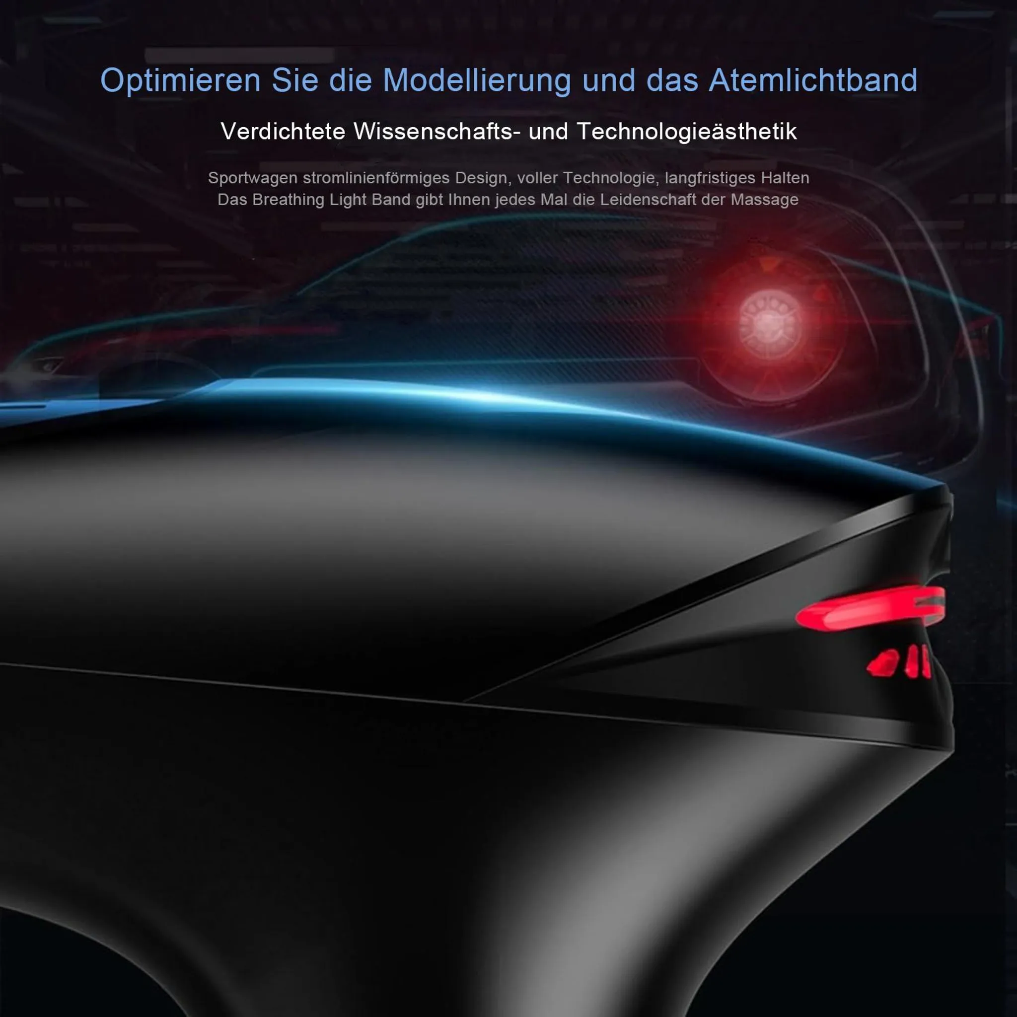 Schwarzes Gerät mit roten Lichtern, blauen Akzenten und Text auf Deutsch. Es hat ein stromlinienförmiges Design.
