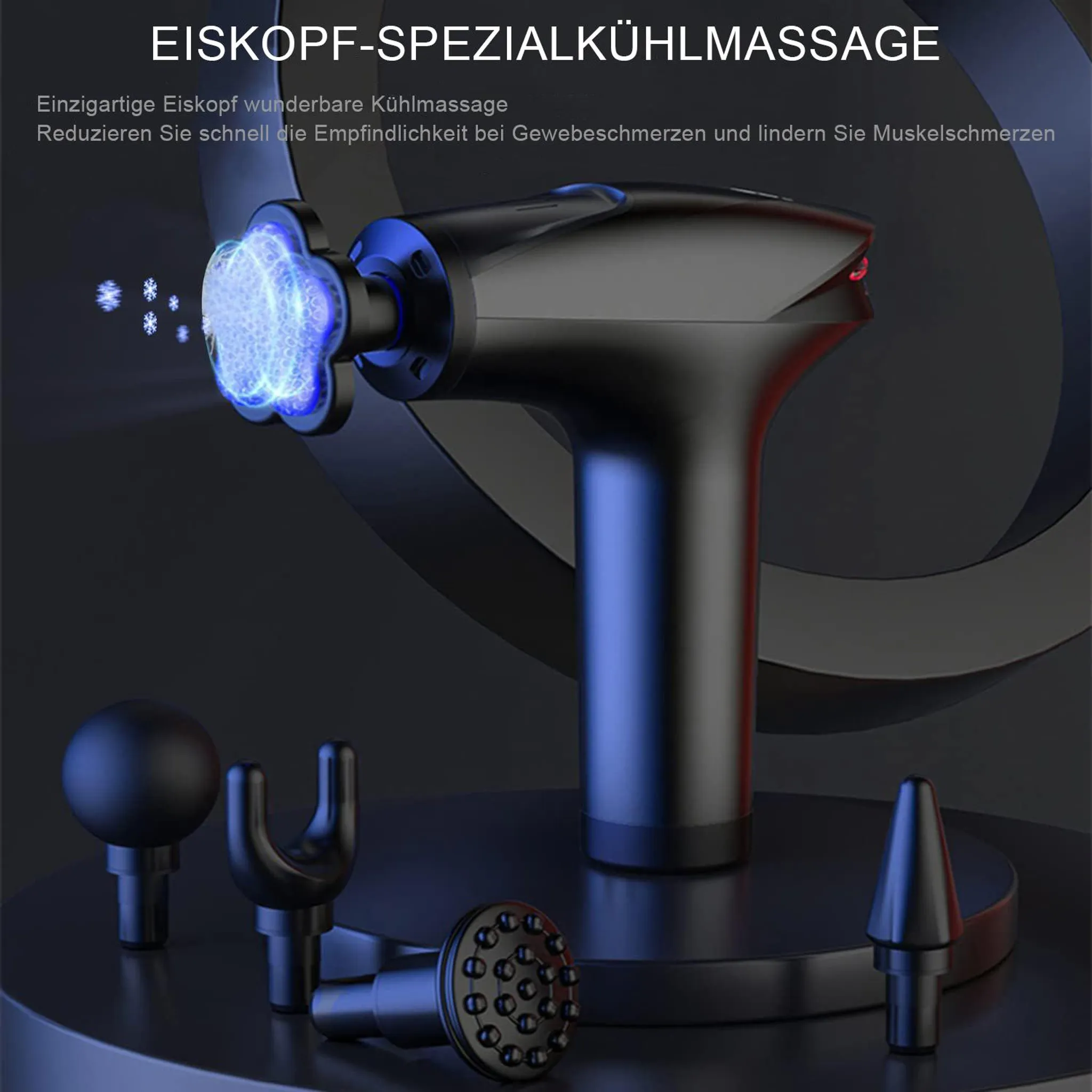Ein schwarzes Massagegerät mit blauem Kühlkopf und mehreren austauschbaren Spitzen auf dunklem Hintergrund.