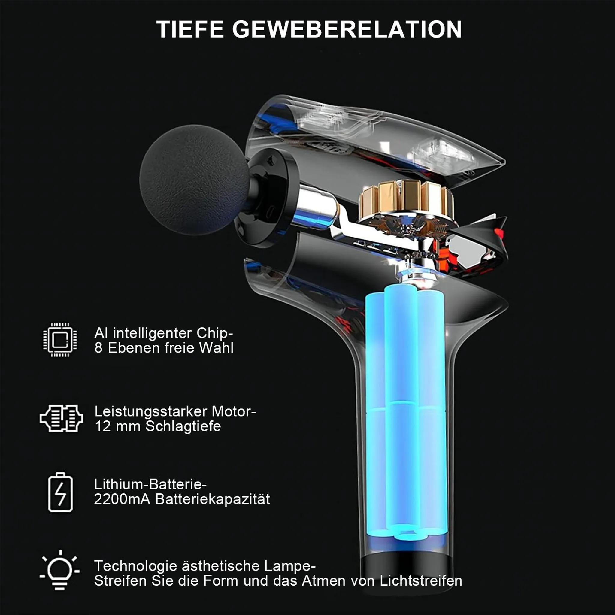 Anatomie einer Massagepistole mit schwarzem Kopf, transparentem Körper und blauer Batterie, mit Textbeschriftungen.