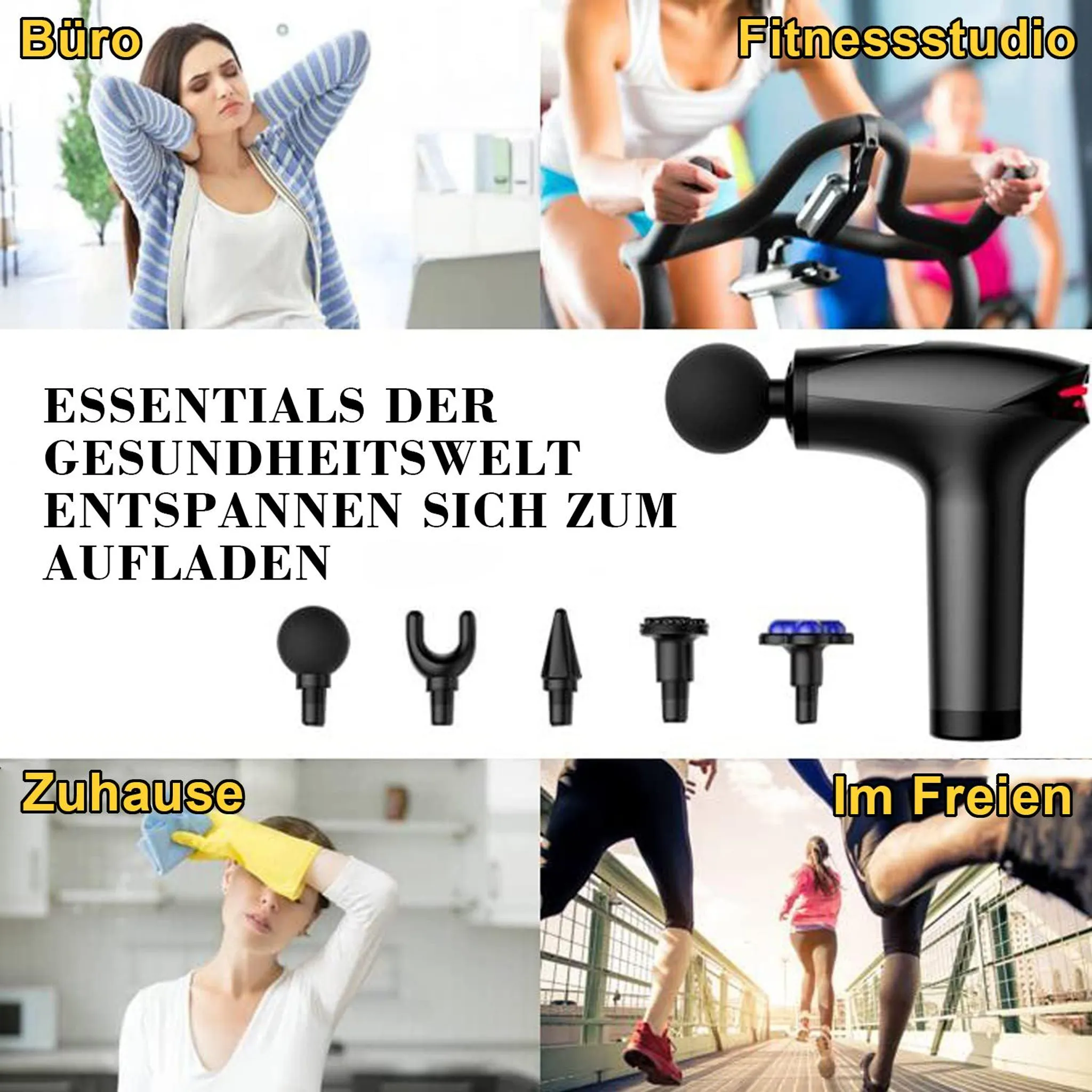 Das Bild zeigt Szenen aus Büro, Fitnessstudio, Zuhause und im Freien. Eine Massagepistole und Aufsätze sind in der Mitte.
