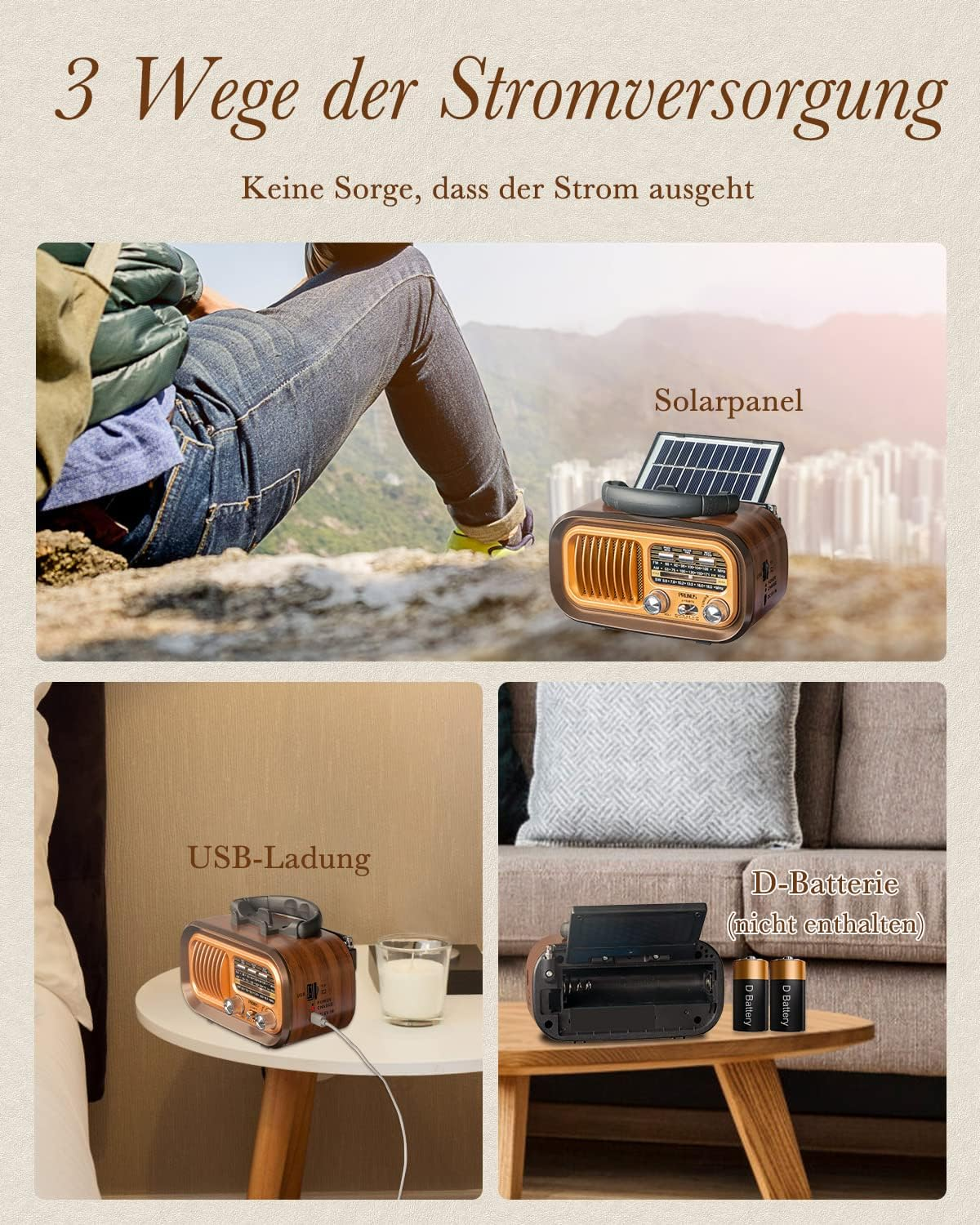 Obraz przedstawia radio z panelem słonecznym, ładowaniem USB i opcjami baterii. Zawiera osobę na wędrówce, świecę i baterie.