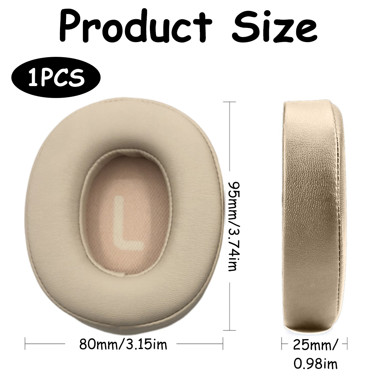 Beige Kopfhörerpolster mit Abmessungen: 95mm/3.74in, 80mm/3.15in und 25mm/0.98in. Text: Produktgröße, 1PCS.