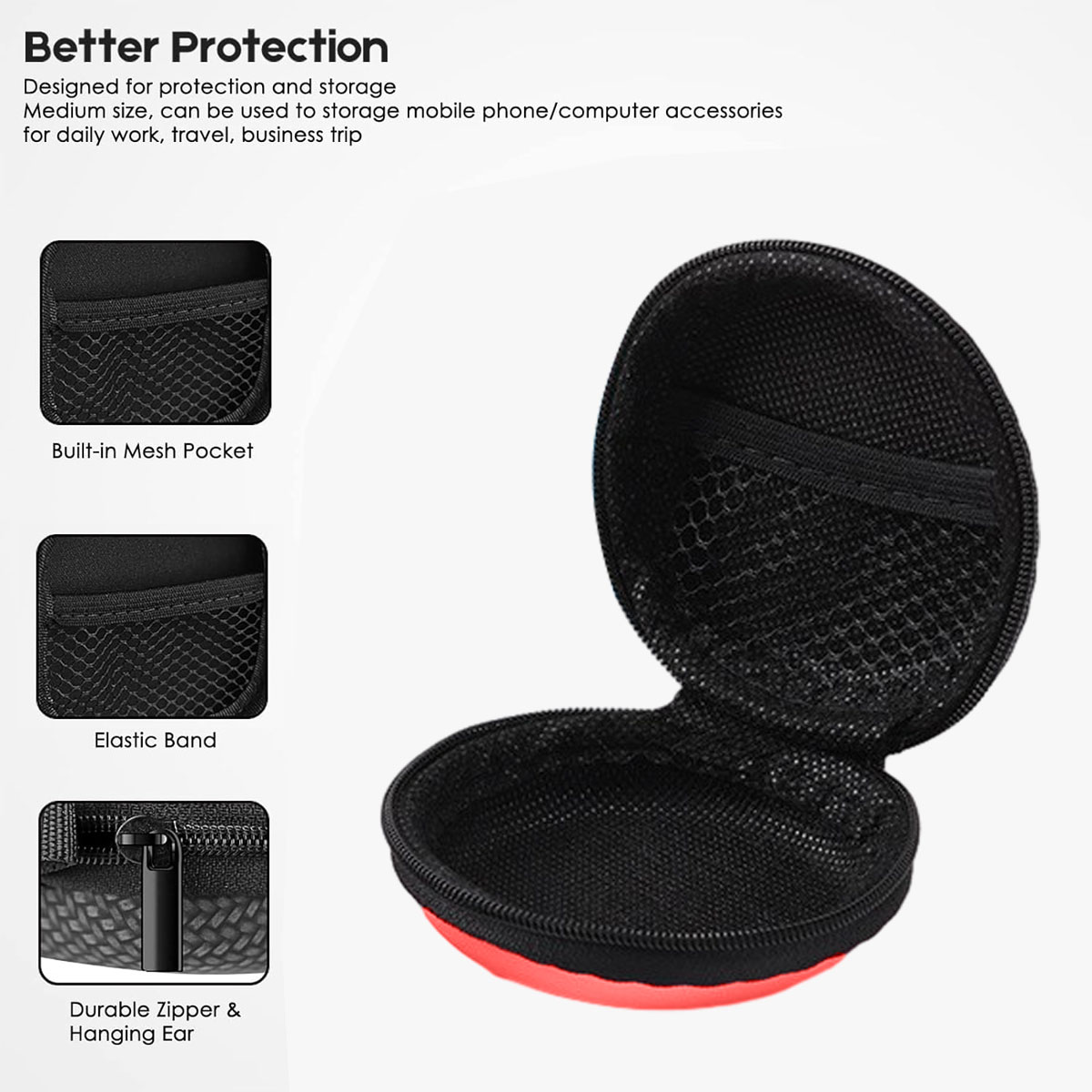 Geöffnete schwarze runde Hülle mit roter Basis, Netztasche innen. Text zeigt 'Better Protection' und Eigenschaften wie Reißverschluss.