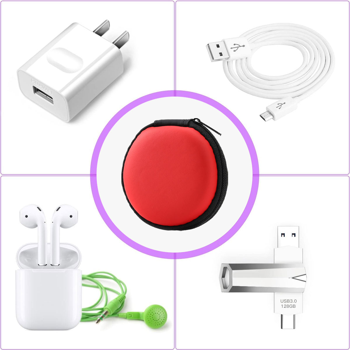 Das Bild zeigt technisches Zubehör: Ladegerät, USB-Kabel, Hülle, Kopfhörer und USB-Stick. Farben: Weiß, Rot, Grün und Schwarz.