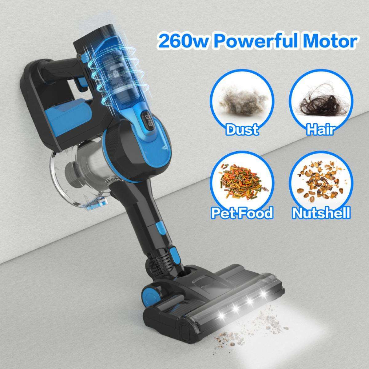Ein blau-schwarzer kabelloser Staubsauger mit 260-W-Motor, illustriert mit Staub, Haaren, Tierfutter und Nussschalen.