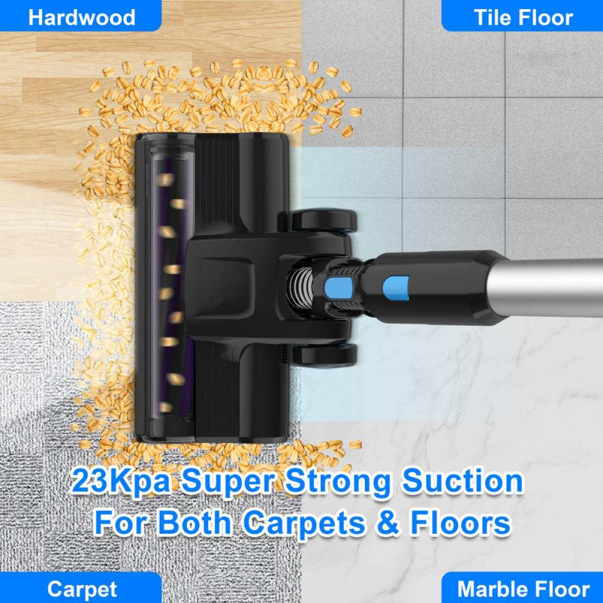 Ein Staubsaugerkopf auf verschiedenen Bodenbelägen: Hartholz, Fliesen, Teppich und Marmor. Text: 23Kpa Super Strong Suction.