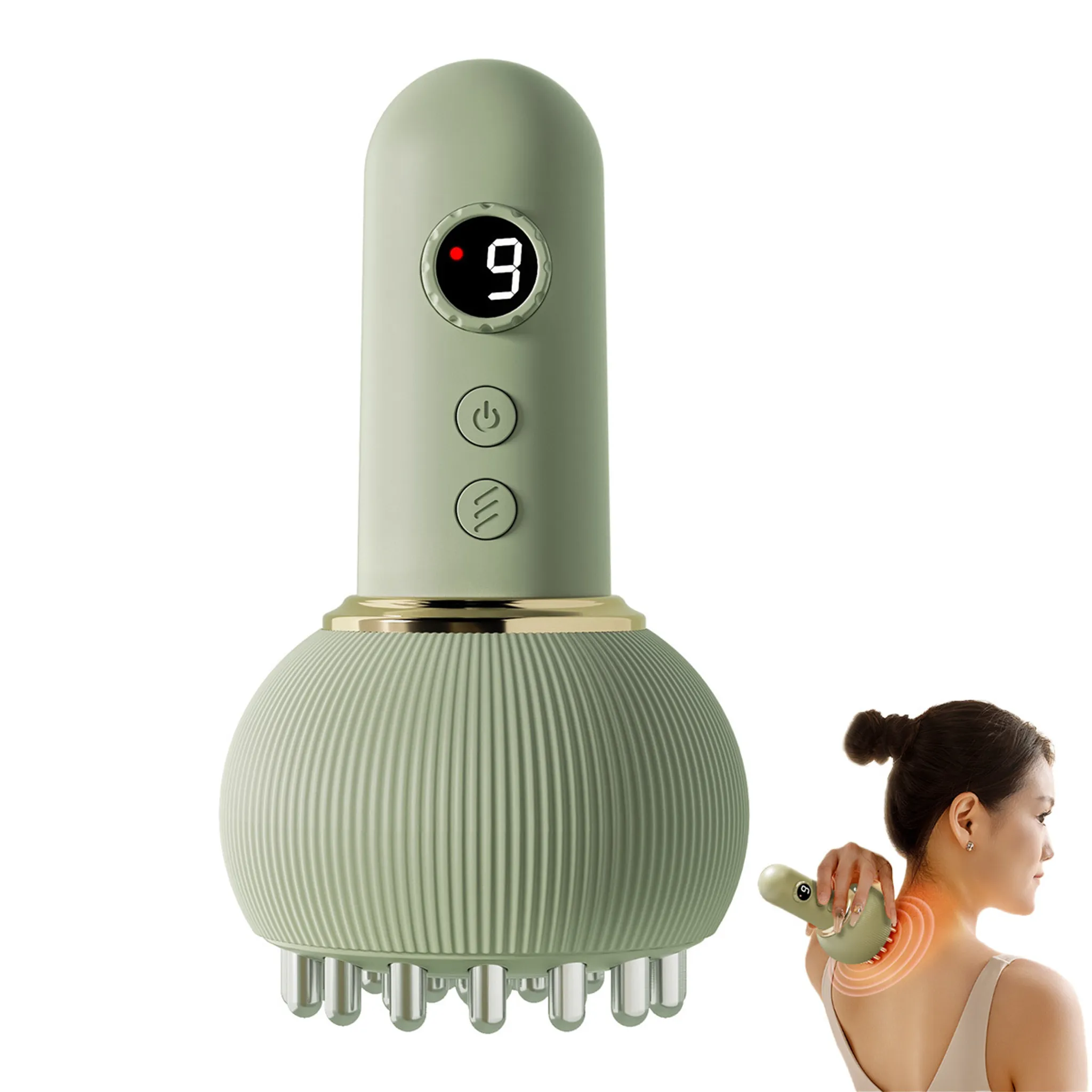 Ein grünes Nackenmassagegerät mit Digitalanzeige wird von einer Frau gehalten. Das Gerät befindet sich an ihrem Hals.