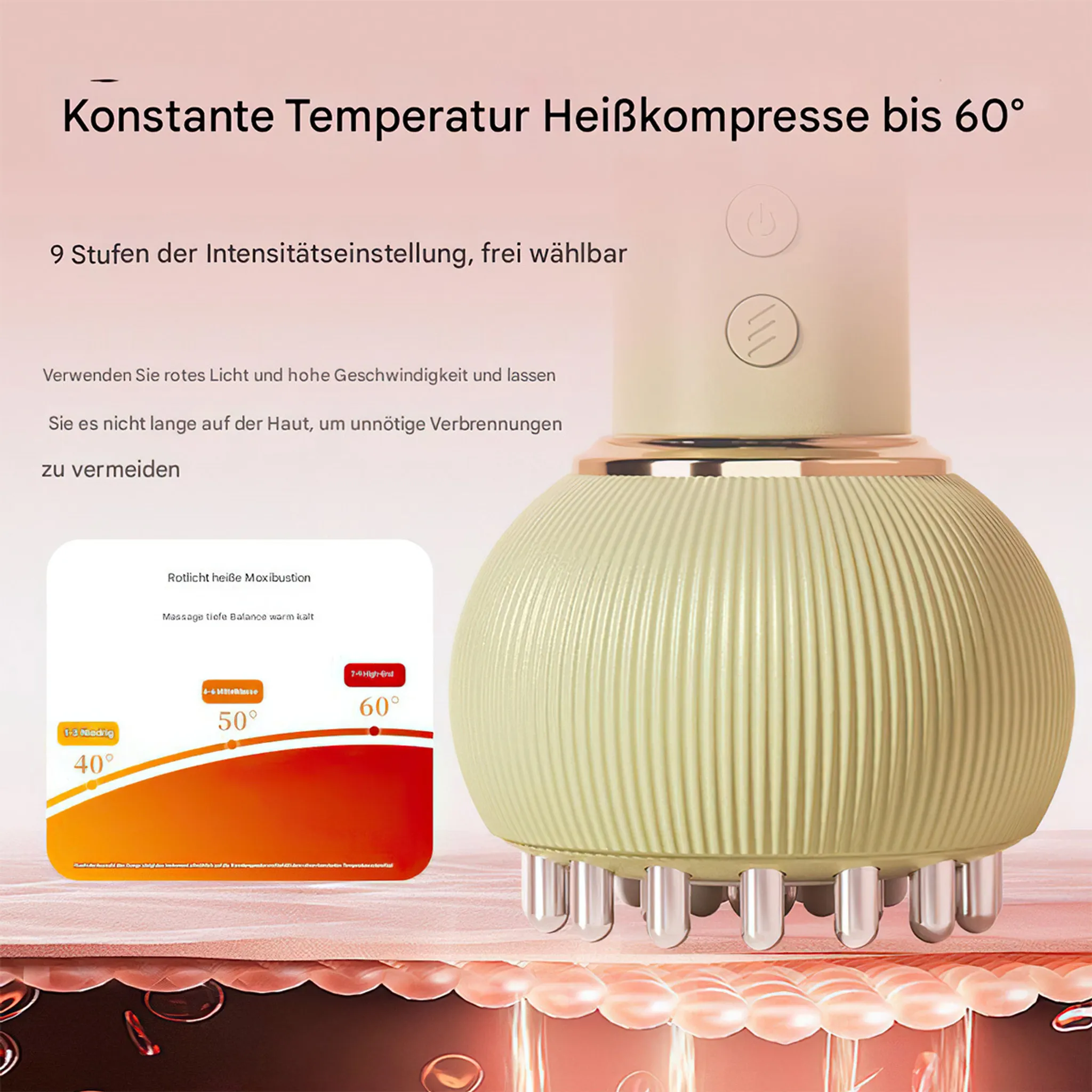 Ein beiger Kopfmassagegerät mit Text, Temperatureinstellungen auf rosa Hintergrund, mit einer Hautillustration.