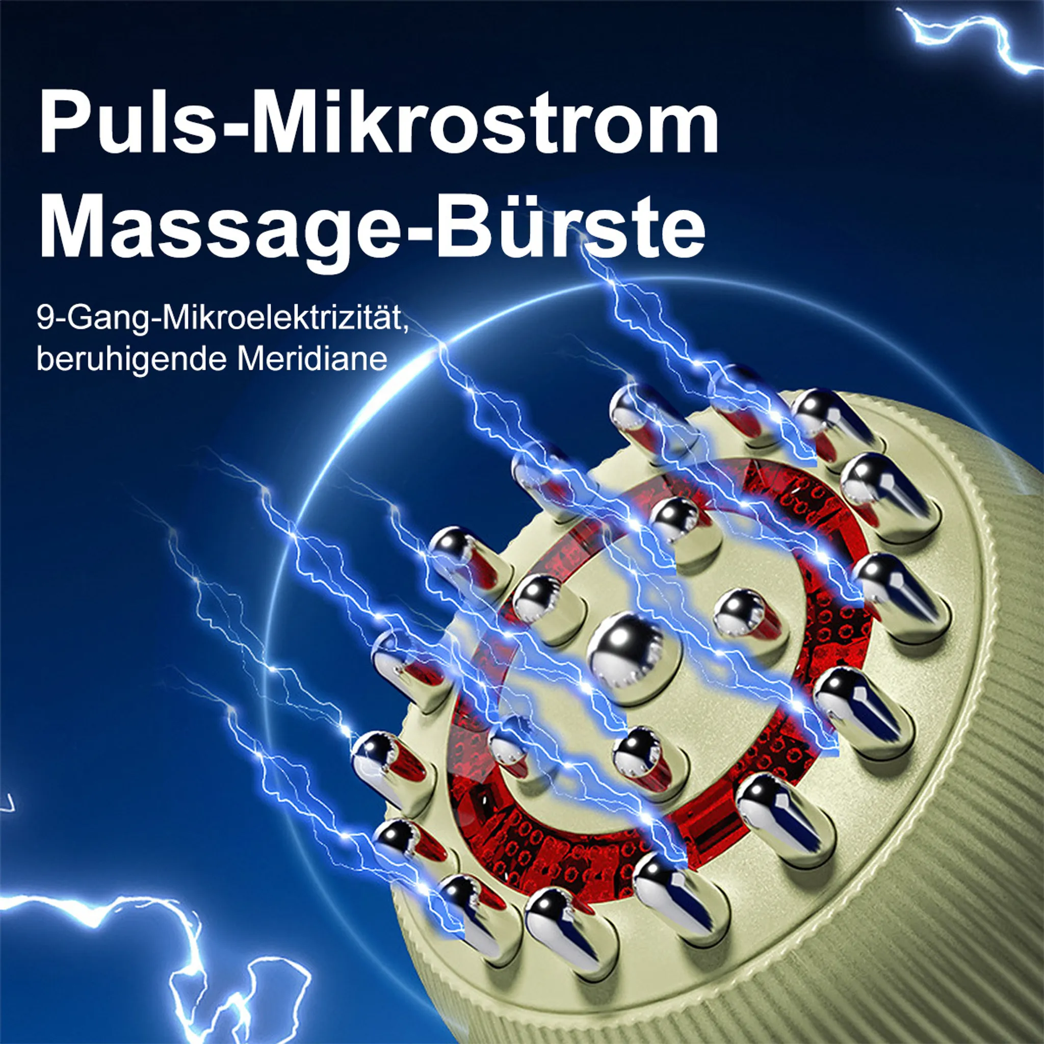 Eine Massagebürste mit Metallspitzen und blauen Blitzeffekten auf blauem Hintergrund. Text auf Deutsch.