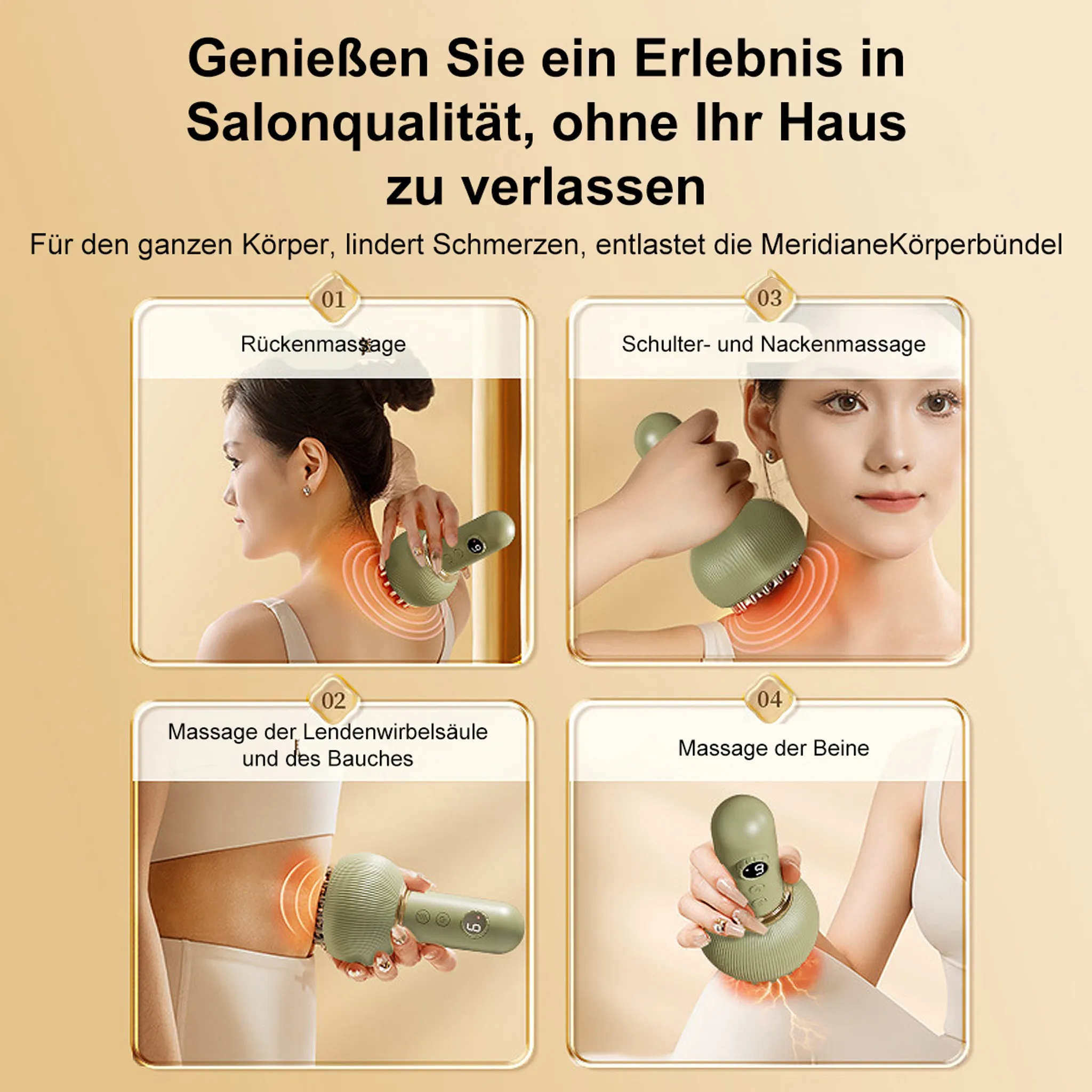 Das Bild zeigt Massagegeräte, die an verschiedenen Körperteilen verwendet werden, mit Text in deutscher Sprache, der Salonqualität bewirbt.