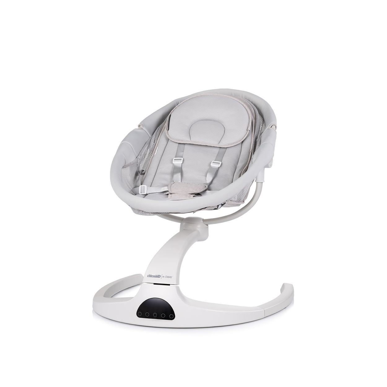 Ein weißer Babyschwinger mit grauem Sitz und Kopfstütze. Die Basis hat Bedienelemente. Die Schaukel befindet sich auf weißem Hintergrund.