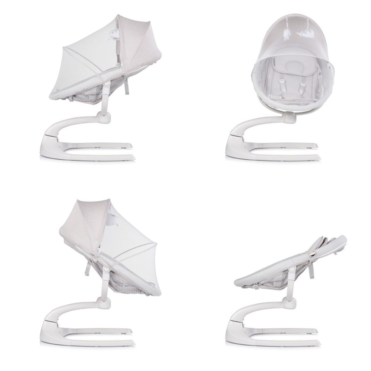 Eine weiße Babyschaukel mit Baldachin, in mehreren Ansichten. Die Schaukel hat eine gebogene Basis und einen Sitz mit Sicherheitsgurten.