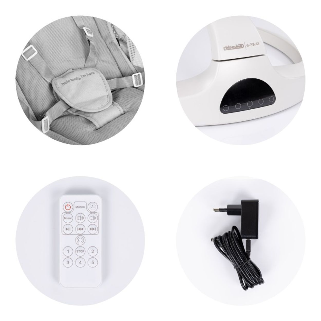 Das Bild zeigt Baby-Schaukel-Komponenten: Sitz, Basis, Fernbedienung und Netzteil. Alle Artikel sind auf weißem Hintergrund.