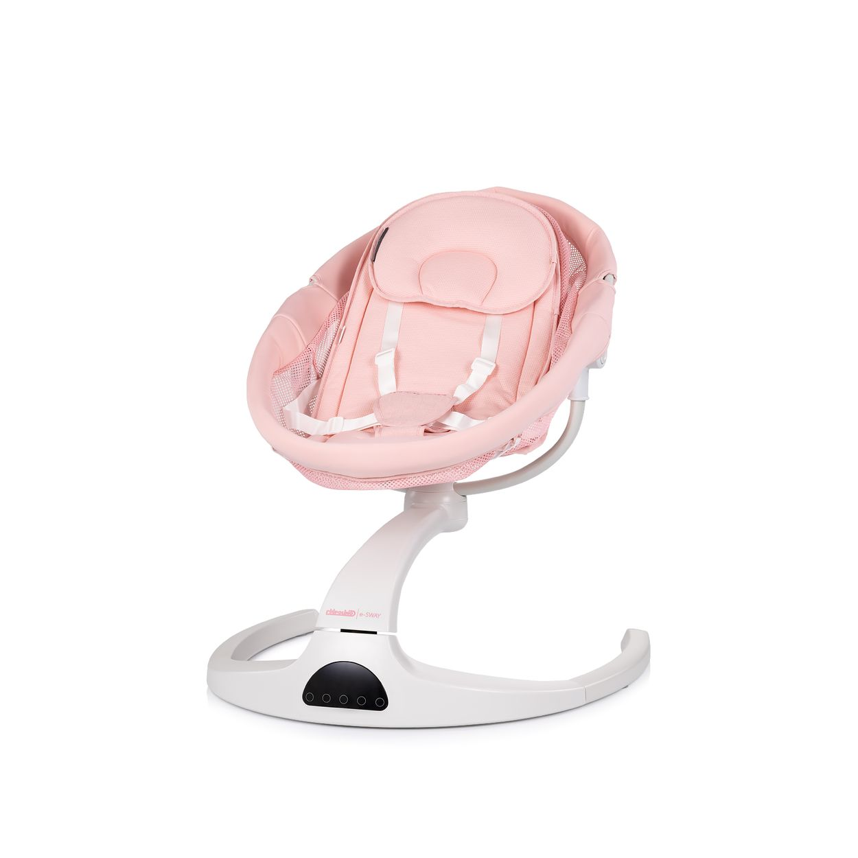 Eine rosa Babyschaukel mit weißen Gurten und einer Kopfstütze auf weißer Basis. Maschenseiten. Es ist auf weißem Hintergrund.