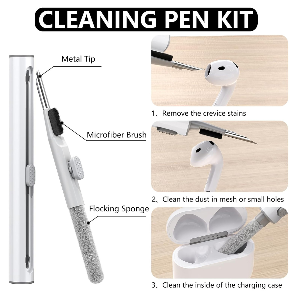 Ein Reinigungsstift-Kit mit Metallspitze, Mikrofaserkopf und Beflockungsschwamm. Es wird zum Reinigen von Ohrhörern und Ladeetuis verwendet.