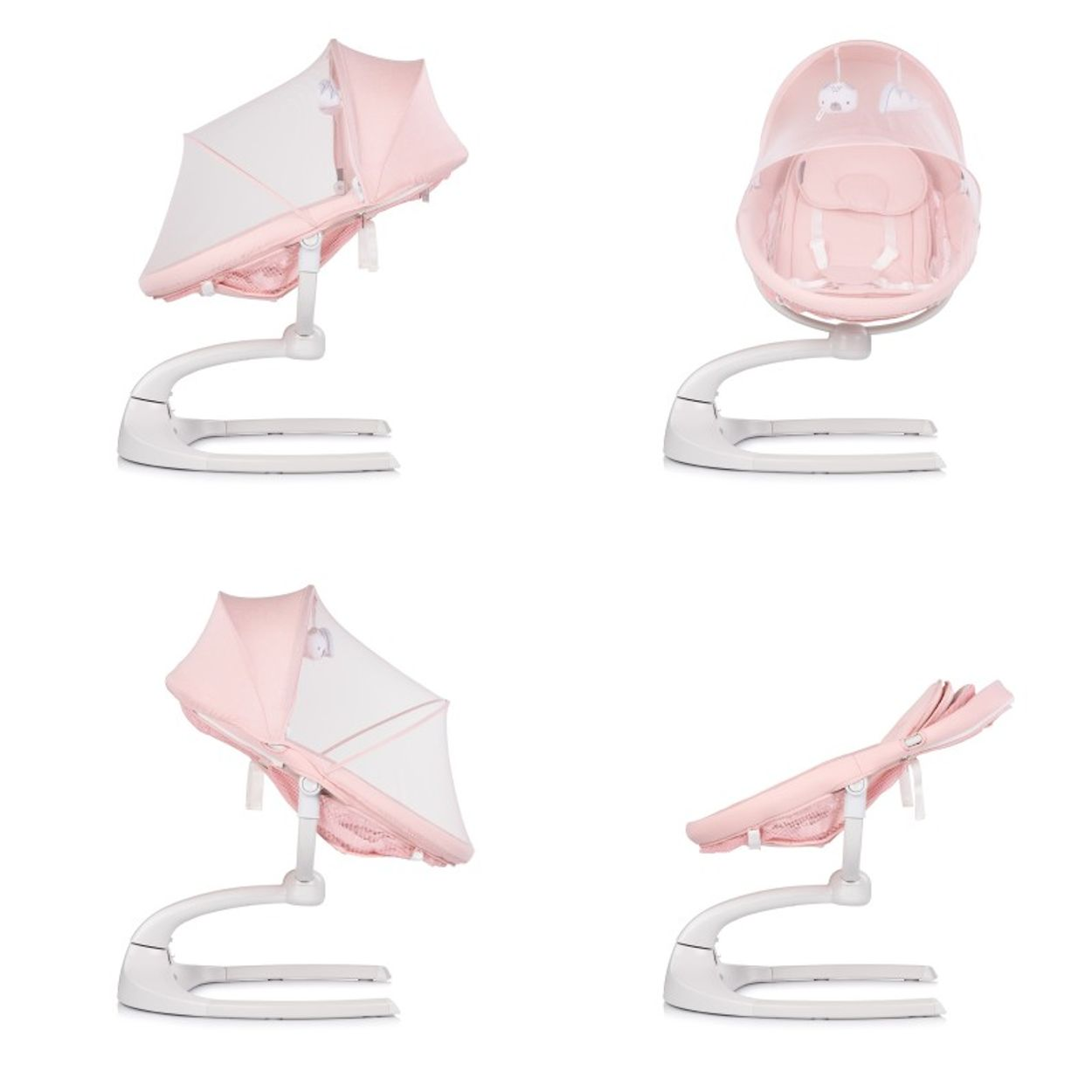Eine Babywippe mit rosa Sitz, Verdeck und weißem Gestell. Es werden vier verschiedene Ansichten gezeigt, die verschiedene Perspektiven bieten.