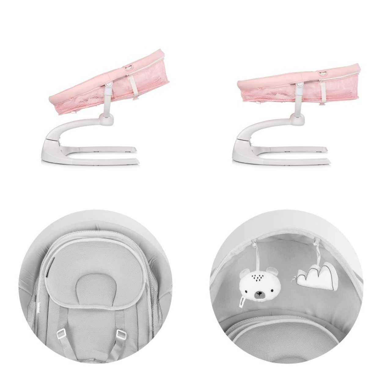 Zwei Babywiegen, rosa und weiß, auf einem weißen Rahmen. Detailaufnahmen des Wiegeninneren und hängenden Spielzeugs sind ebenfalls zu sehen.