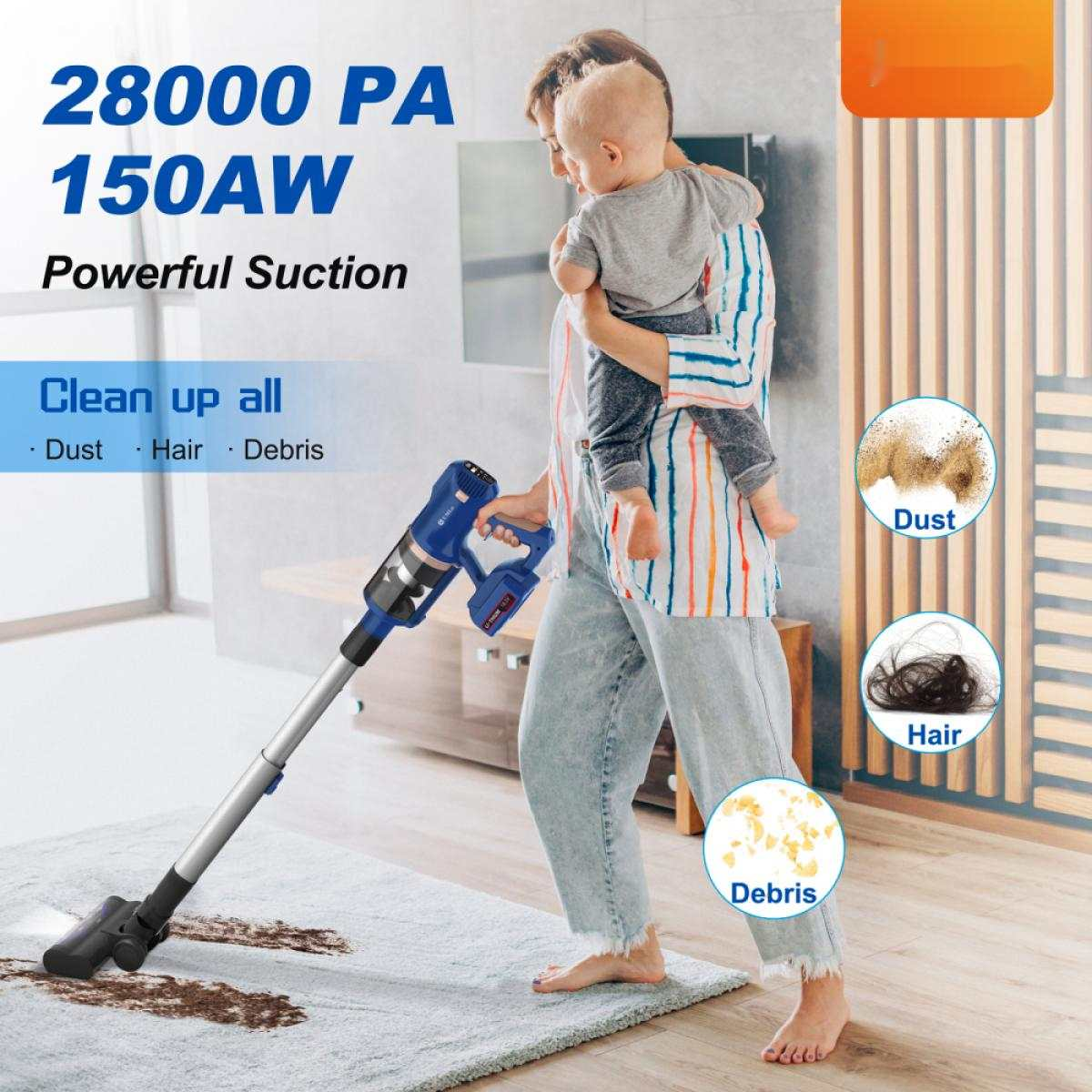 Eine Frau hält ein Baby, während sie einen Teppich saugt. Der Staubsauger ist blau. Text sagt, dass er Staub, Haare und Schmutz reinigt.