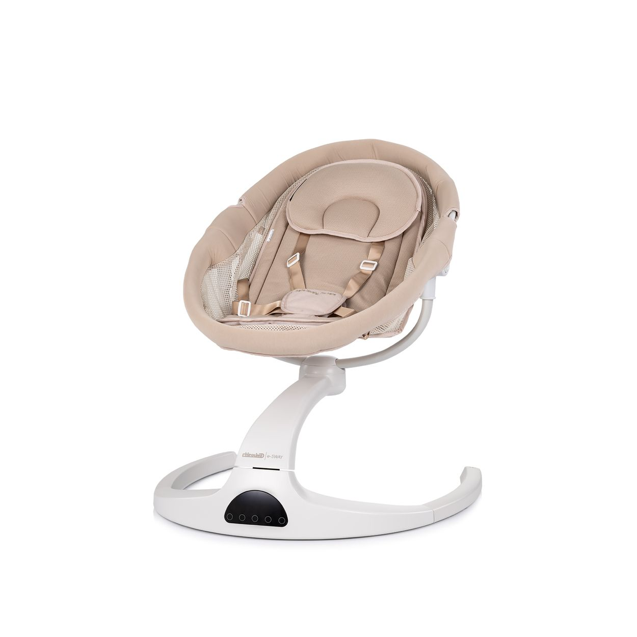 Eine beige Babyschaukel auf weißer Basis. Die Schaukel hat eine Kopfstütze und Sicherheitsgurte. Die Basis hat Bedienelemente.