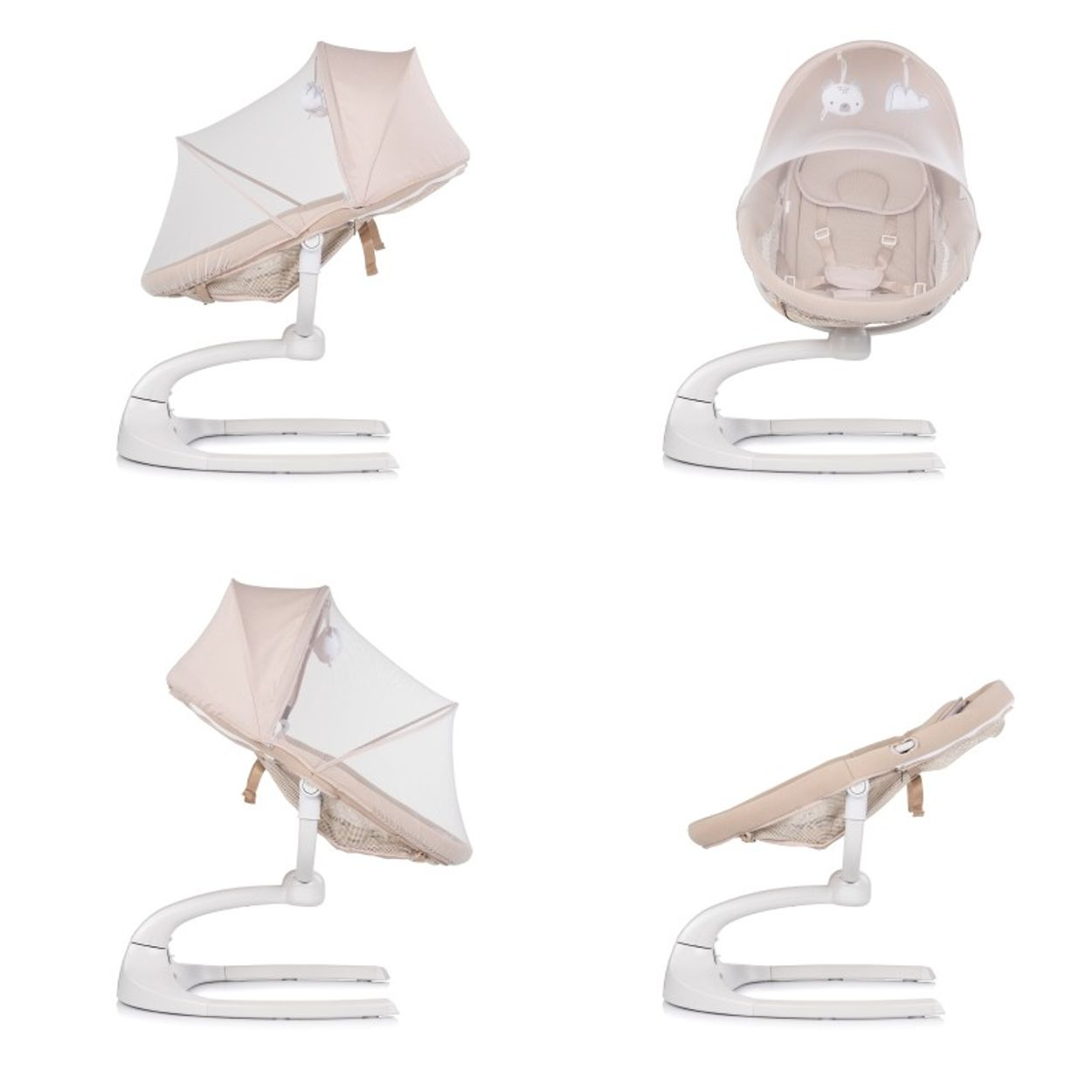 Vier Ansichten einer beigen Babyschaukel. Sie hat ein Verdeck und eine Netzabdeckung. Die Basis ist weiß.